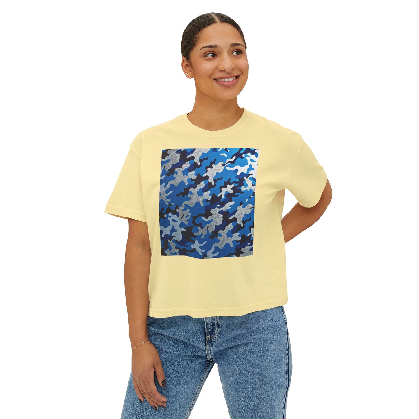 Camo Print Women's Boxy Tee, Casual Top, Summer T-Shirt, Outdoor Wear, Gift for Her, Trendy Fashion - Blue Camo