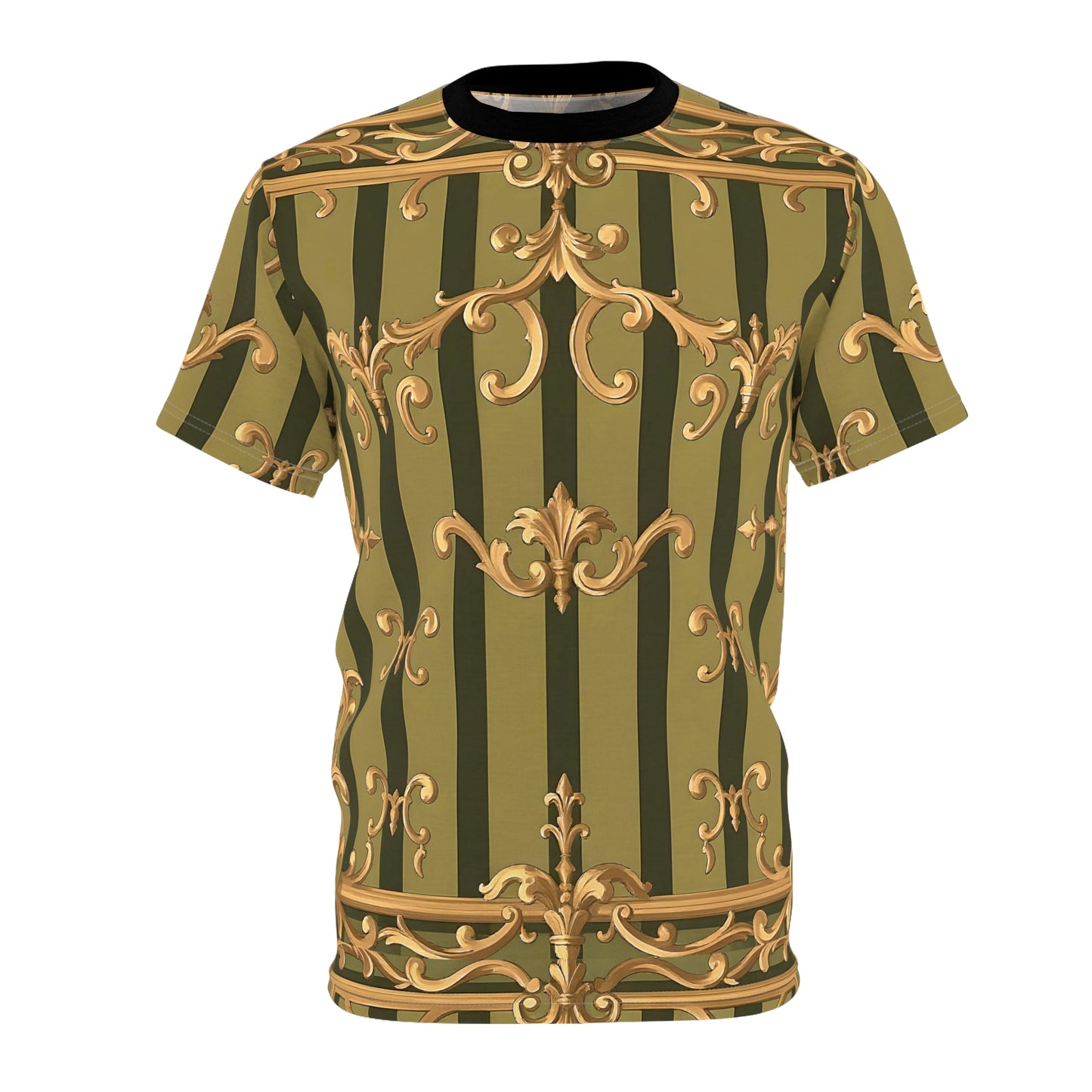 Elegant Vintage Print Unisex Tee, Retro Style T-Shirt, Fashionable Gift, Fashion Top, Unique Casual Wear - Olive Green Striped Rococo