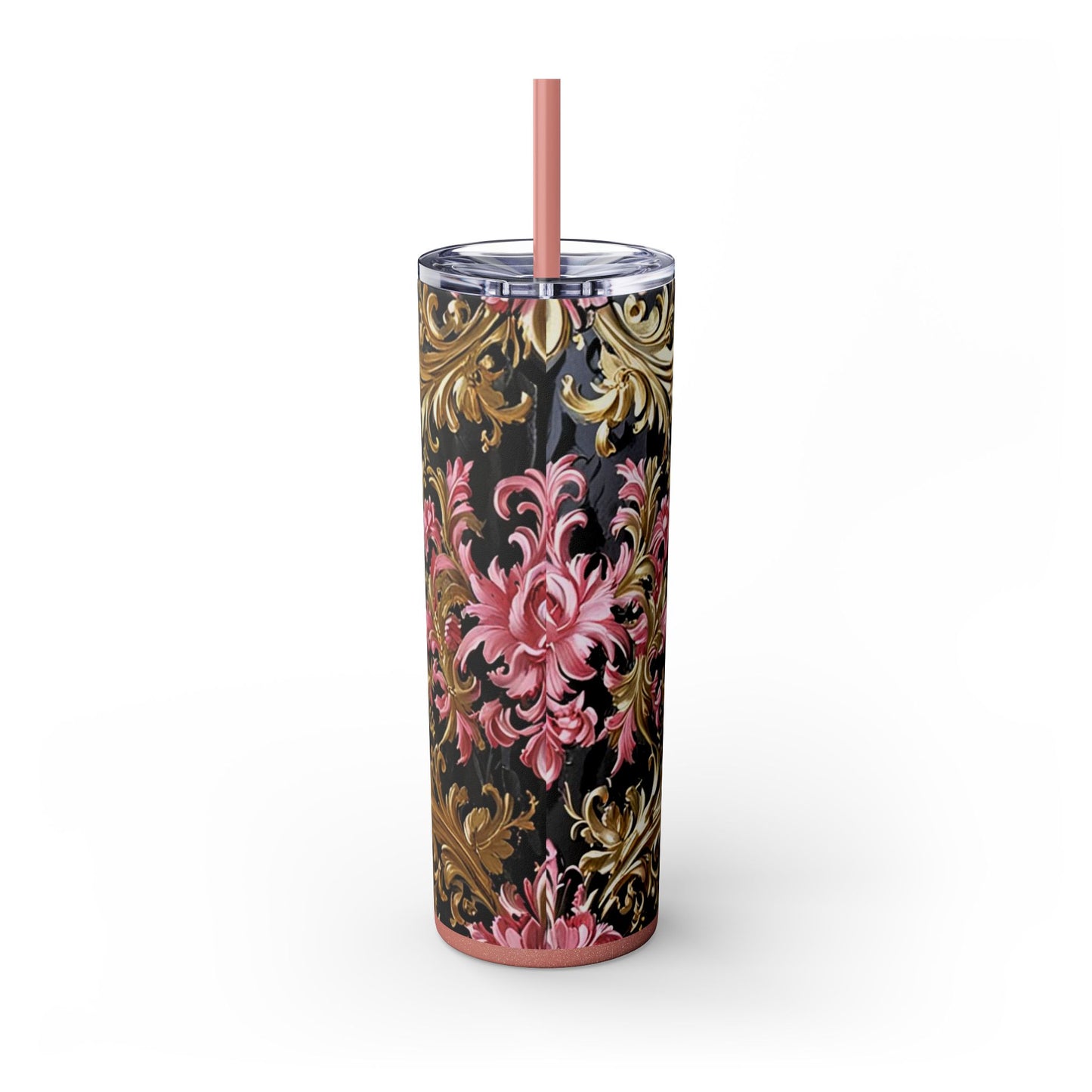 Chic Floral Skinny Tumbler with Straw, 20oz - Elegant Drinkware for Tea Lovers, Travel Mugs, Gifts for Her - Black & Pink Oil Painting Style Rococo