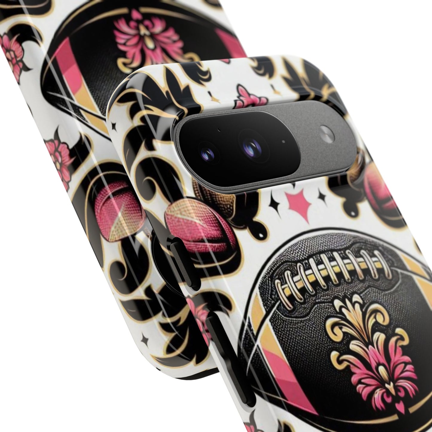 Elegant Floral Motif Phone Case - Tough Cases with Vintage Design - Damask White, Pink Gold & Black Football