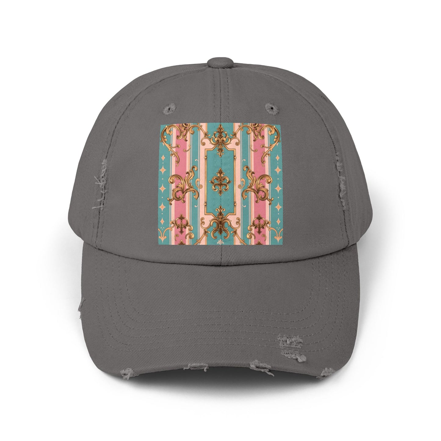 Stylish Unisex Distressed Cap with Floral Pattern, Casual Hat, Trendy Headwear, Summer Accessory - Pink & Matte Turquoise Striped Rococo