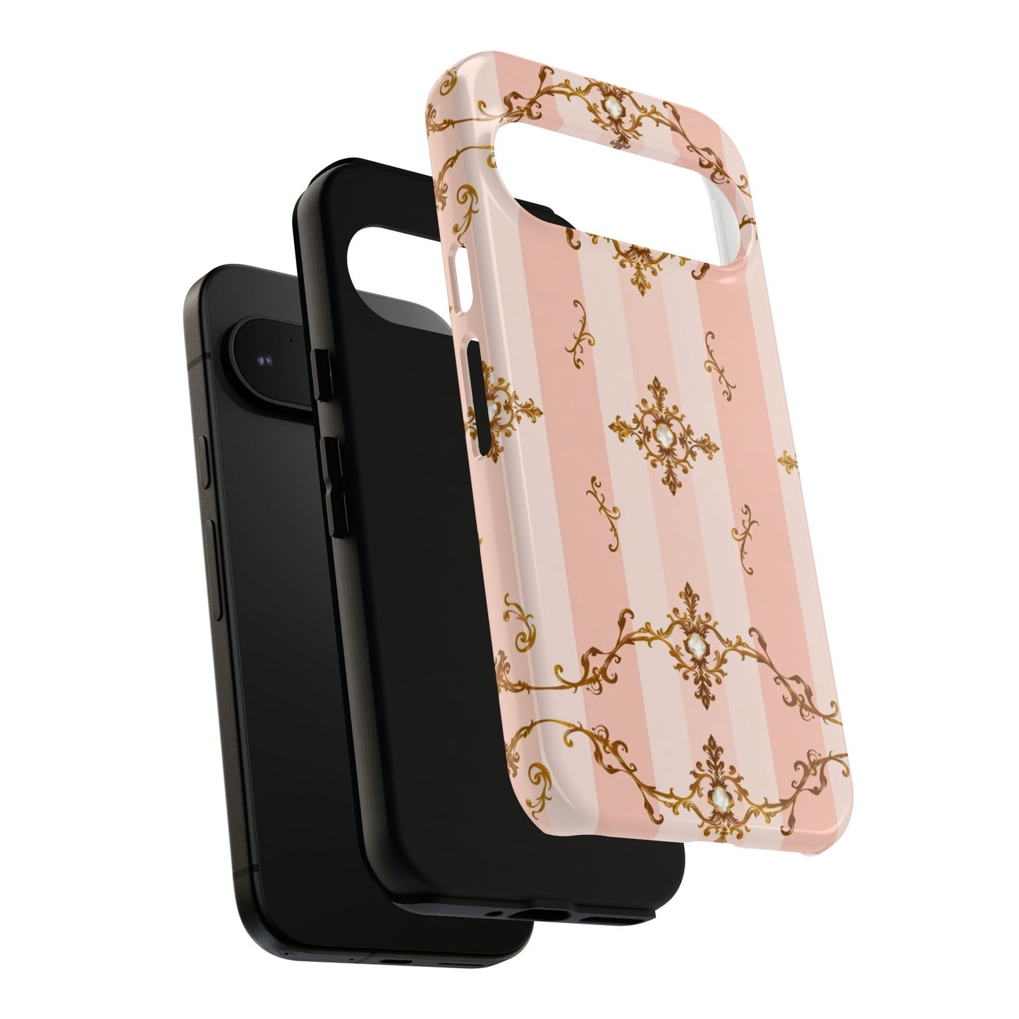 Elegant Floral Phone Case, Tough Cases for Women, Trendy Phone Cover, Chic Gift - Pink Jeweled Striped Gold Baroque