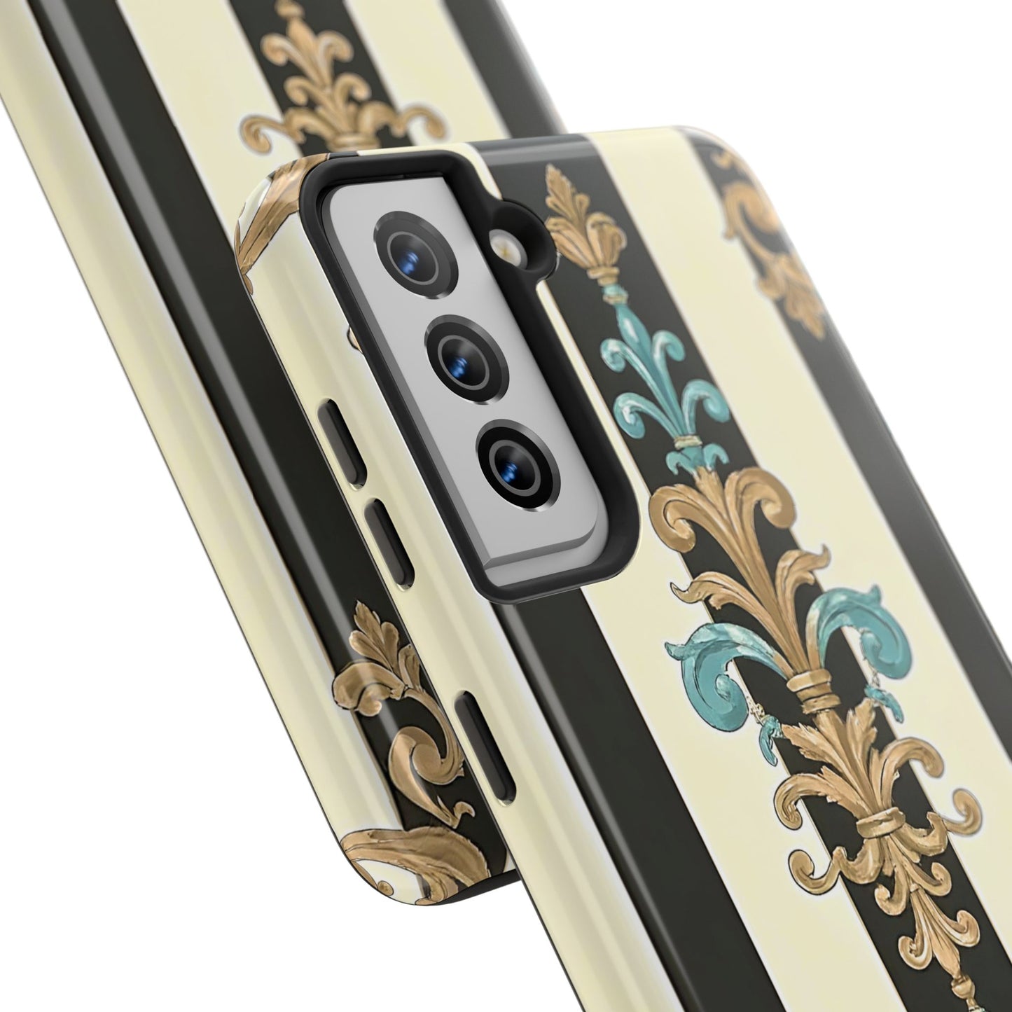 Elegant Vintage Tough Phone Cases, Stylish Phone Accessories, Quality Protection, Gifts for Her - Black Striped Turquoise & Black Rococo