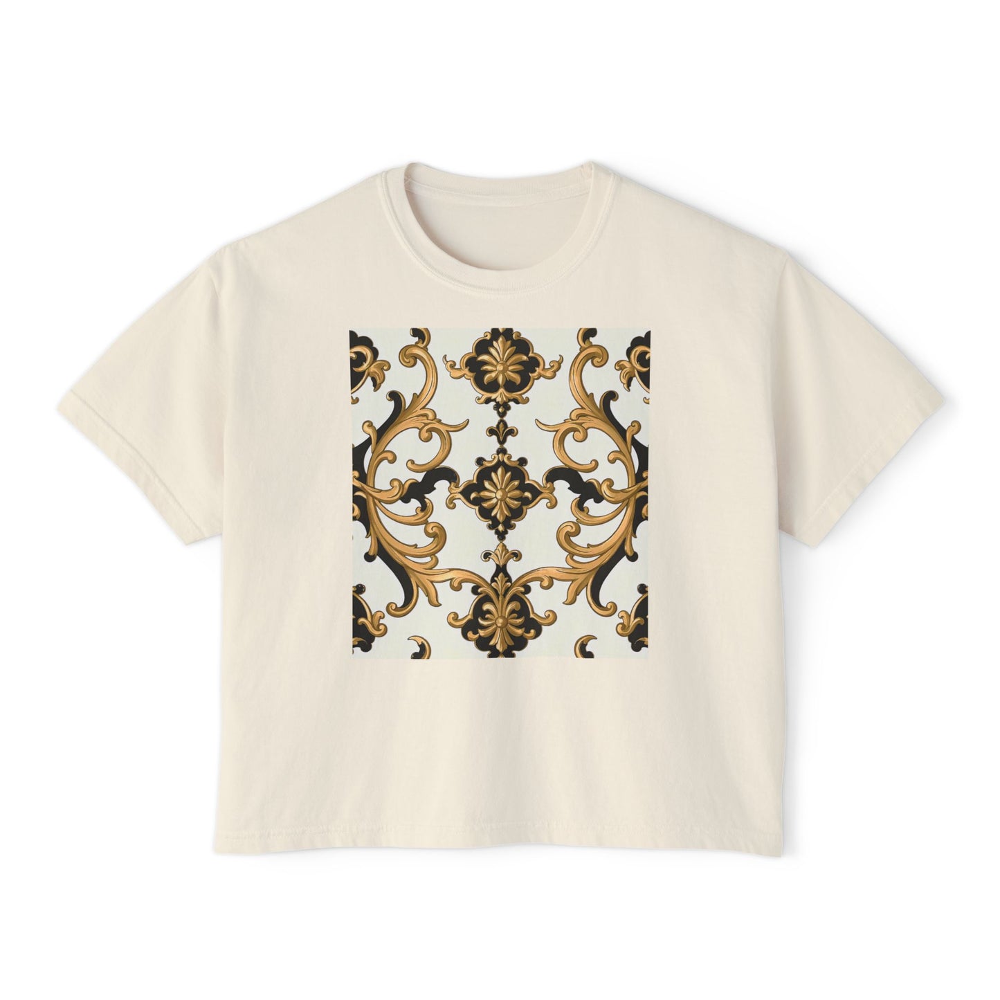 Chic Floral Women's Boxy Tee, Casual Fashion Top, Spring/Summer Essential, Relaxed Fit Tee, Vintage-Inspired Shirt - Black & Gold Rococo
