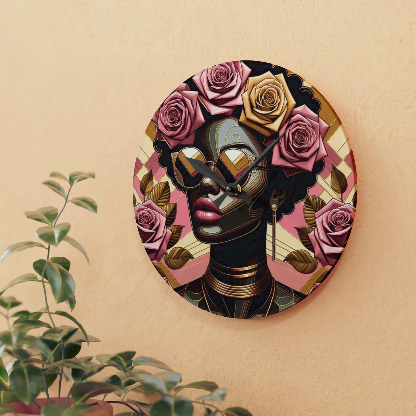 Elegant Afro Woman Acrylic Wall Clock with Floral Design, Boho Home Decor, Unique Wall Art, Gift for Her - Pink Roses Lady