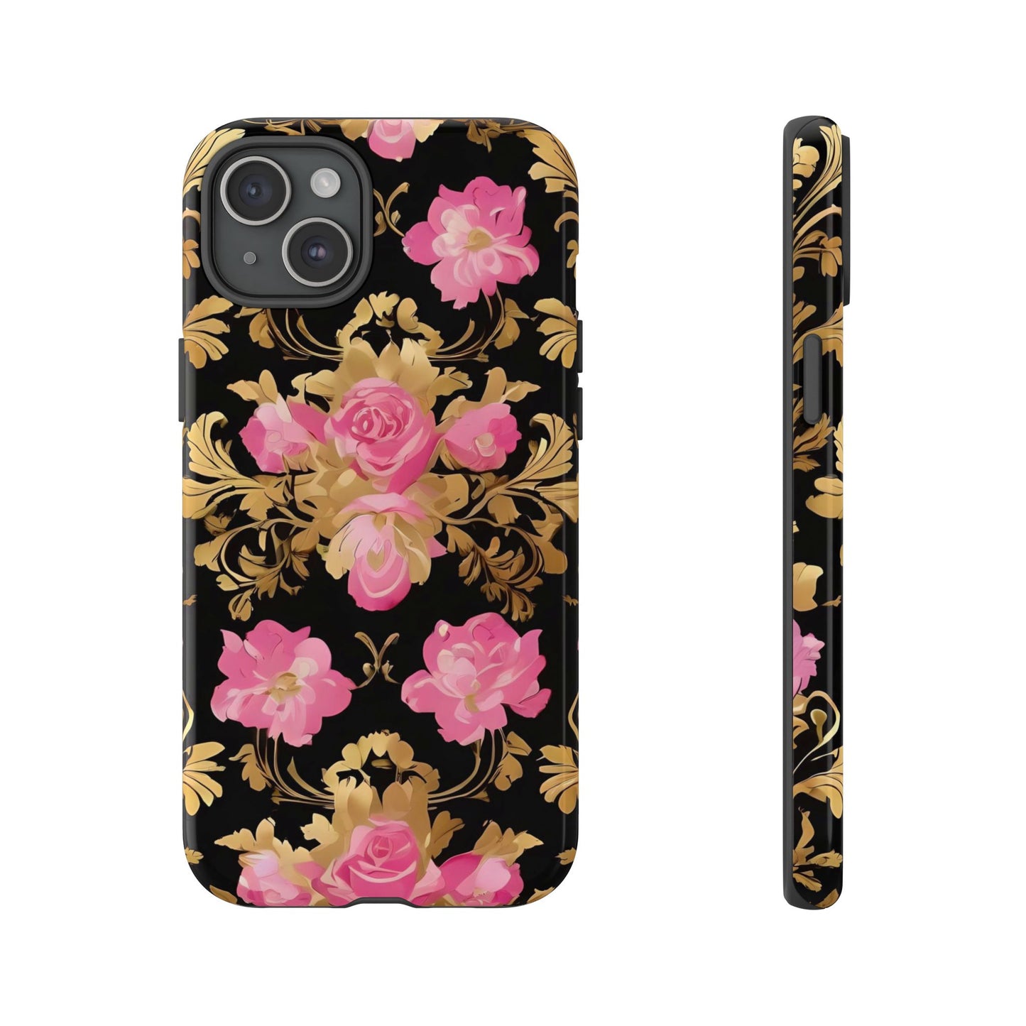 Elegant Floral Motif Phone Case - Tough Cases with Vintage Design - Pink & Gold Roses