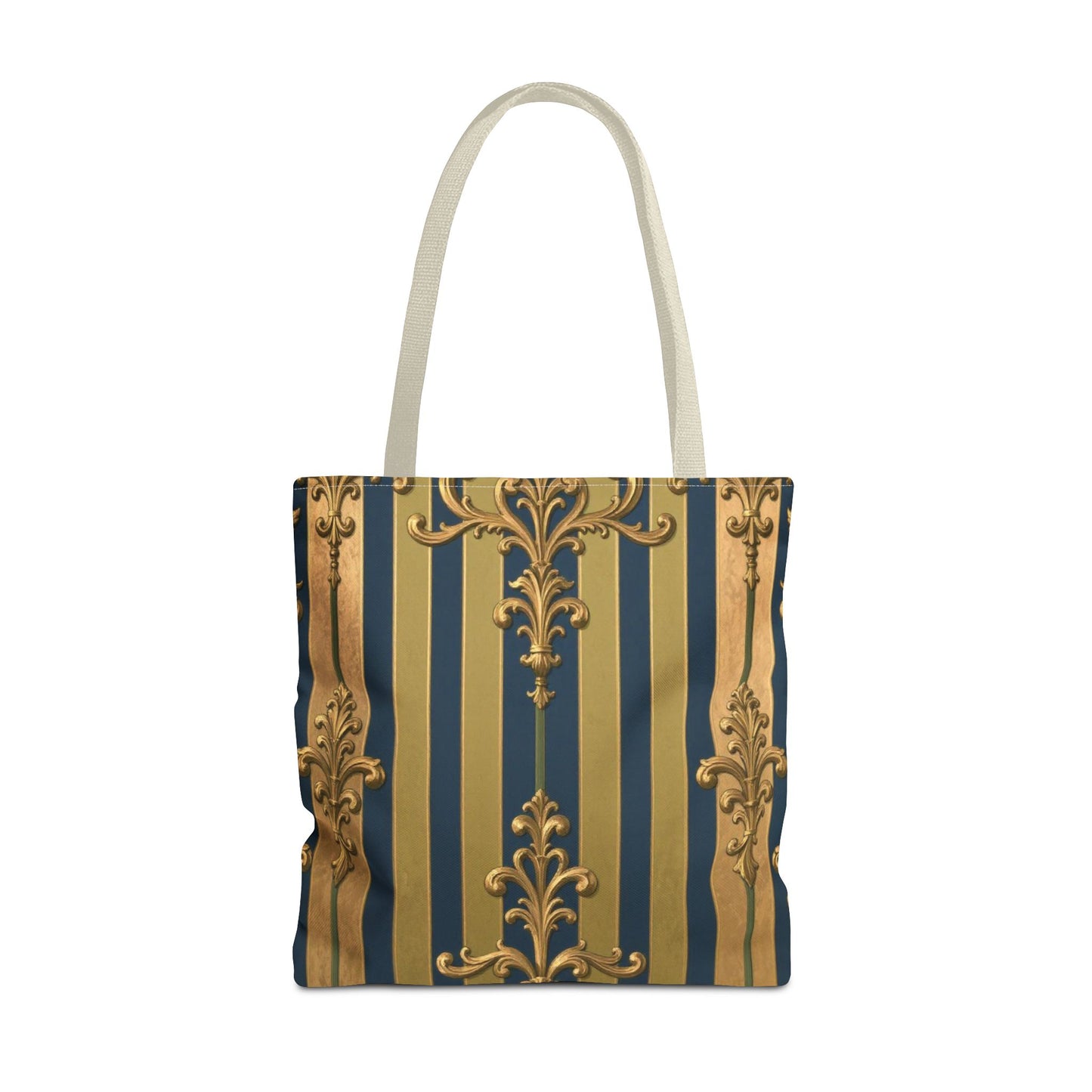 Elegant Midnight Blue & Olive Striped Gold Baroque Golden Striped Tote Bag, Stylish Shopping Bag, Trendy Handbag, Chic Gift for Her