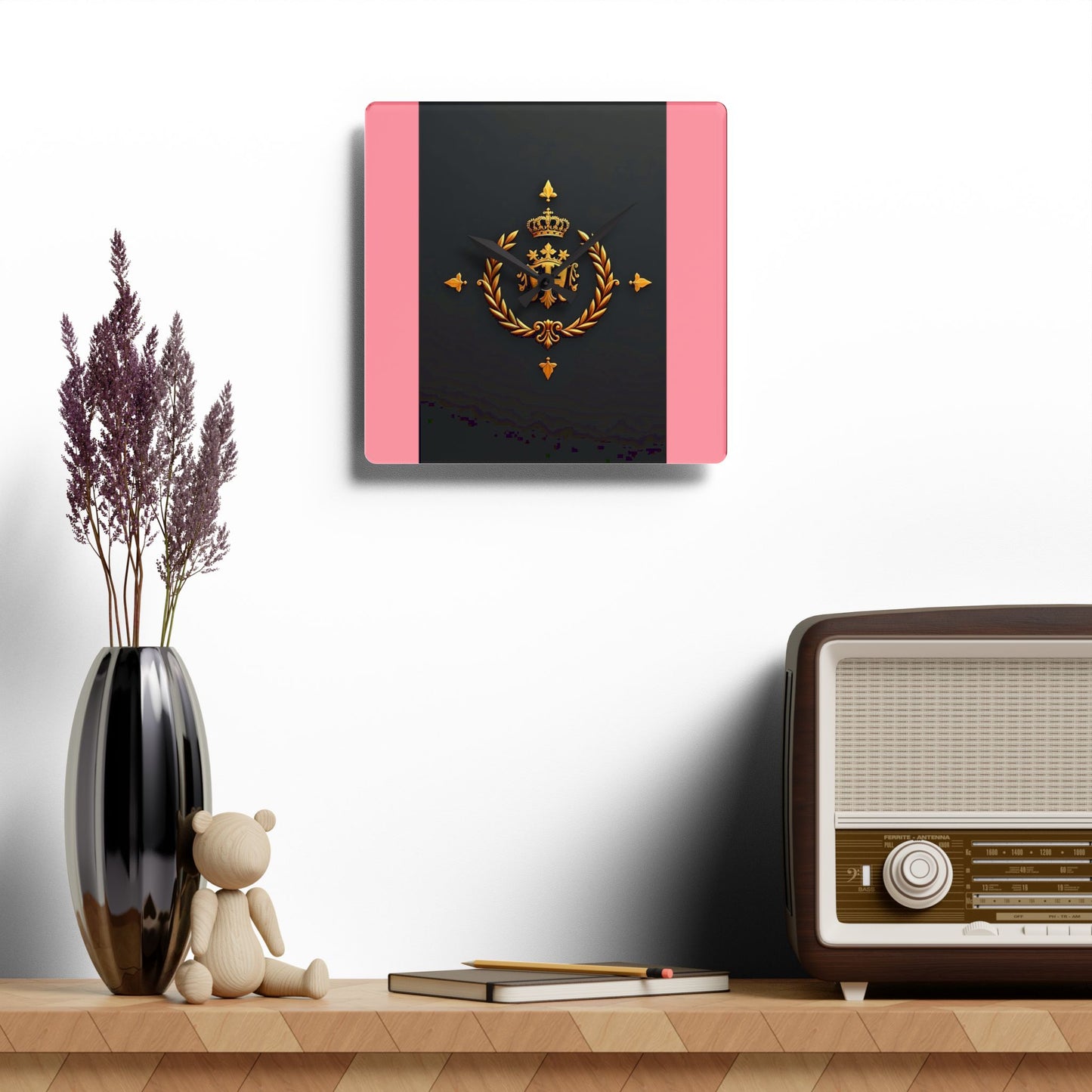 Royal Emblem Acrylic Wall Clock | Elegant Home Decor, Modern Wall Art, Gift for Her, Office Decor, Unique Timepiece - Pink Striped Gold Crest