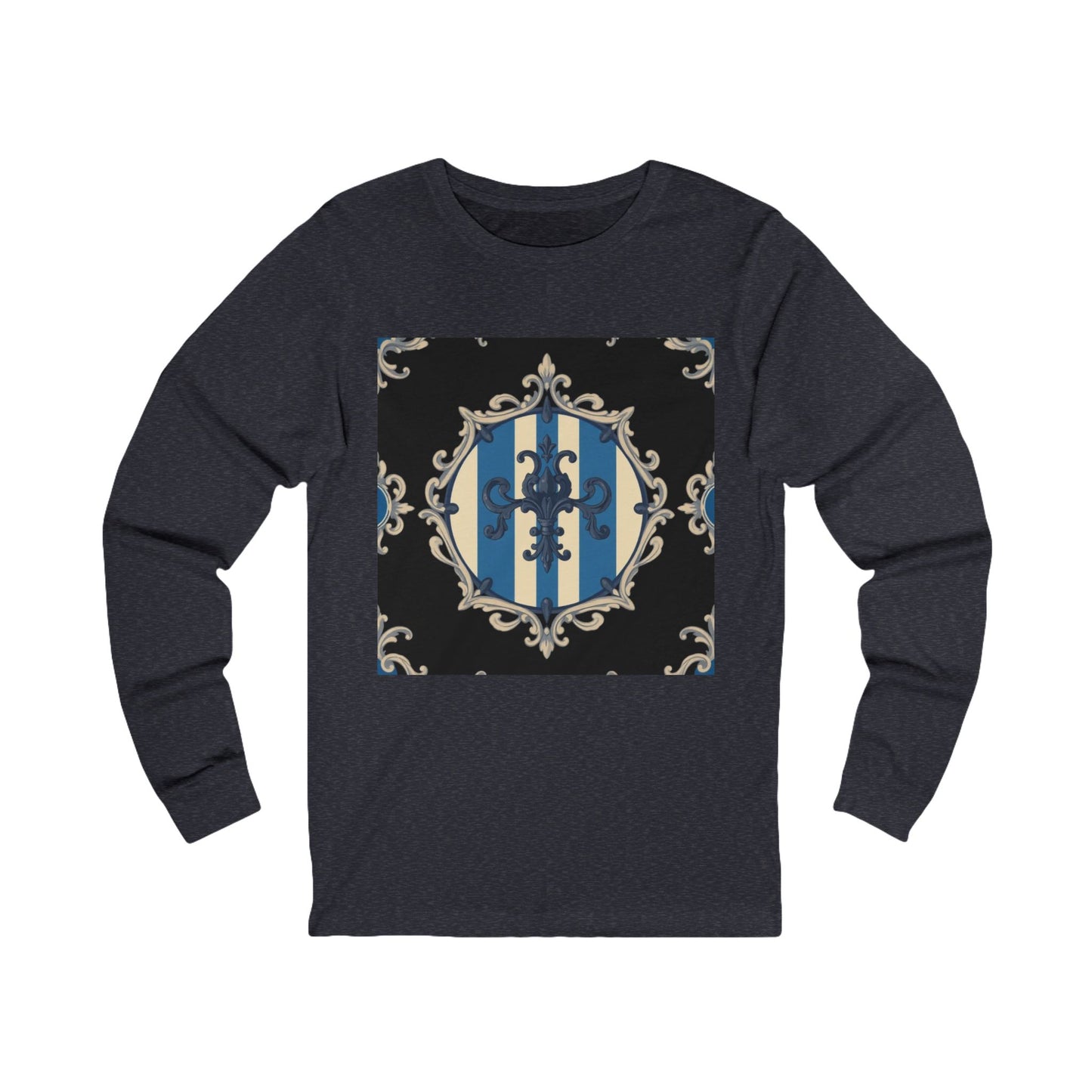 Elegant Blue & Alabaster Striped Baroque Long Sleeve Tee | Unisex Stylish Top for Casual Wear, Gift for Her, Him, Birthday, Fashion Statement