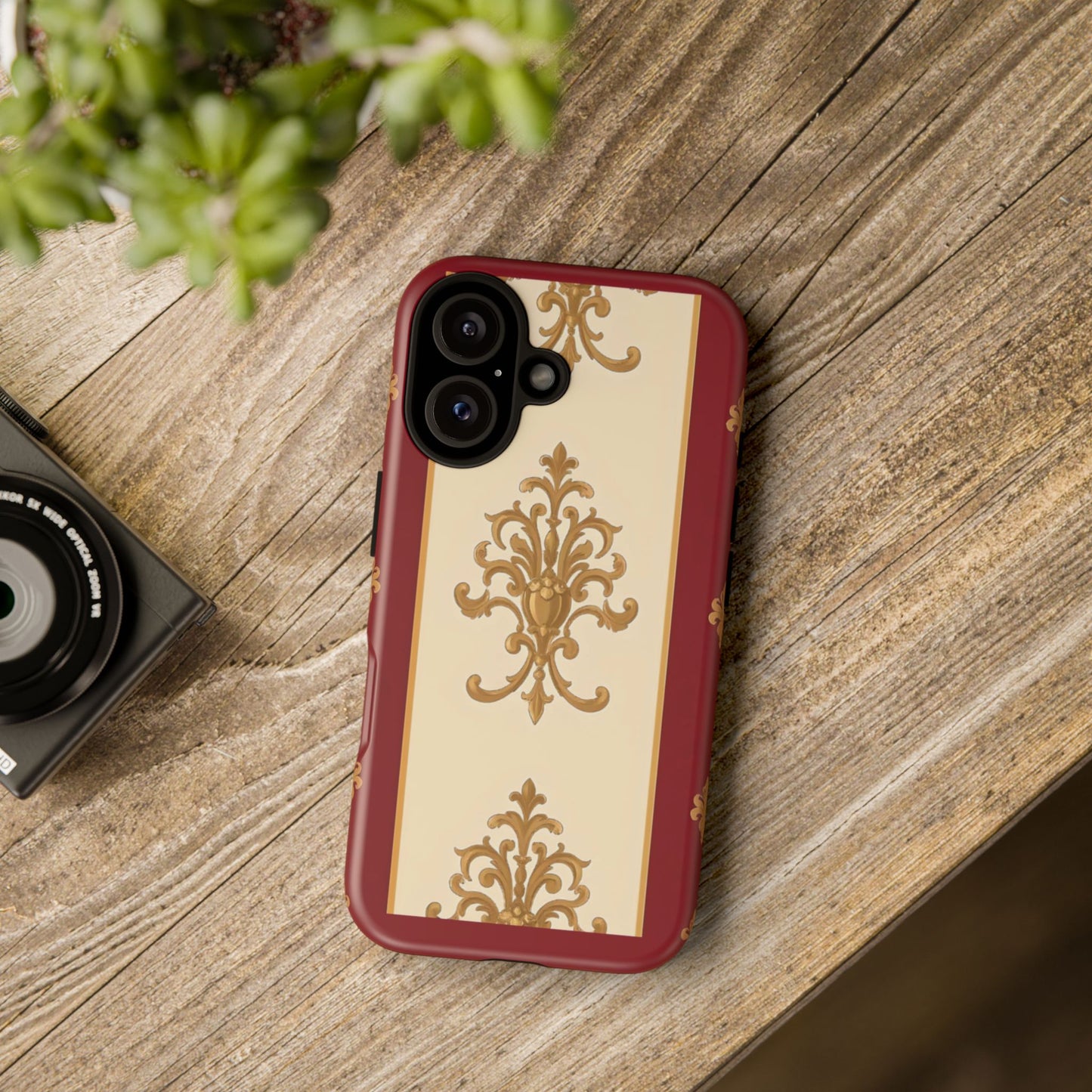 Elegant Floral Motif Phone Case - Tough Cases with Vintage Design - Dusk Red Striped Gold Damask