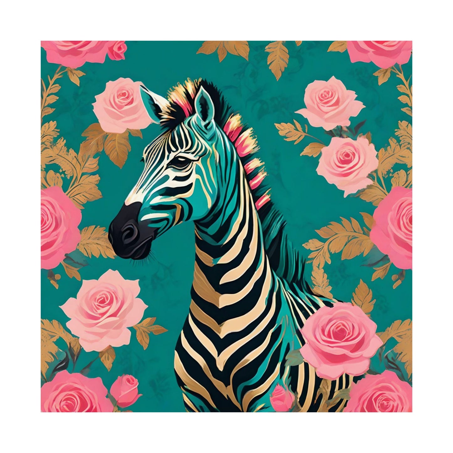 Floral Art Poster - Elegant Matte Vertical Wall Decor - Teal & Gold Zebra & Roses