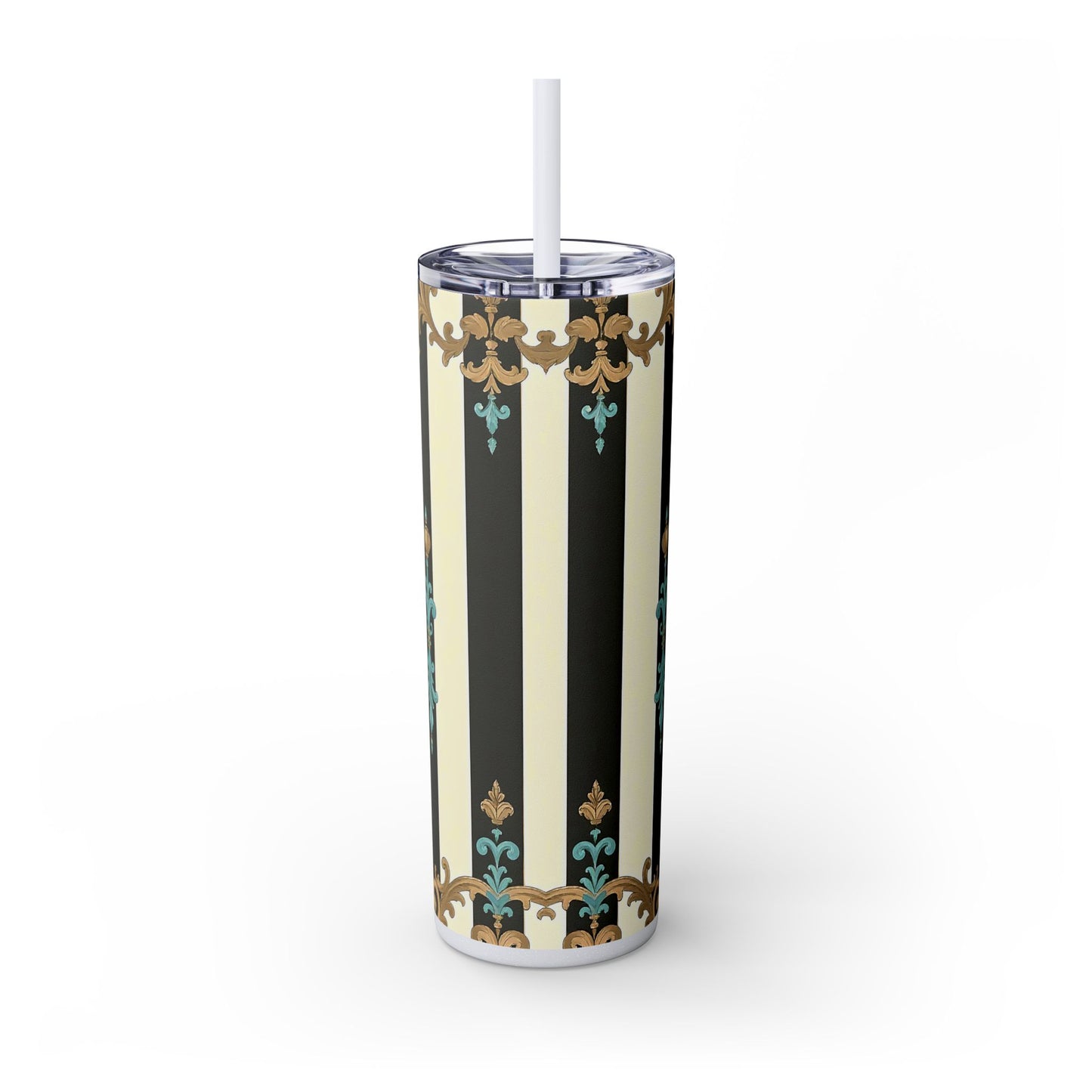 Elegant Stripe Skinny Tumbler | 20oz | Ideal Gift for Home, Office, Travel, Party, or Everyday Use - Black Striped Turquoise & Black Rococo