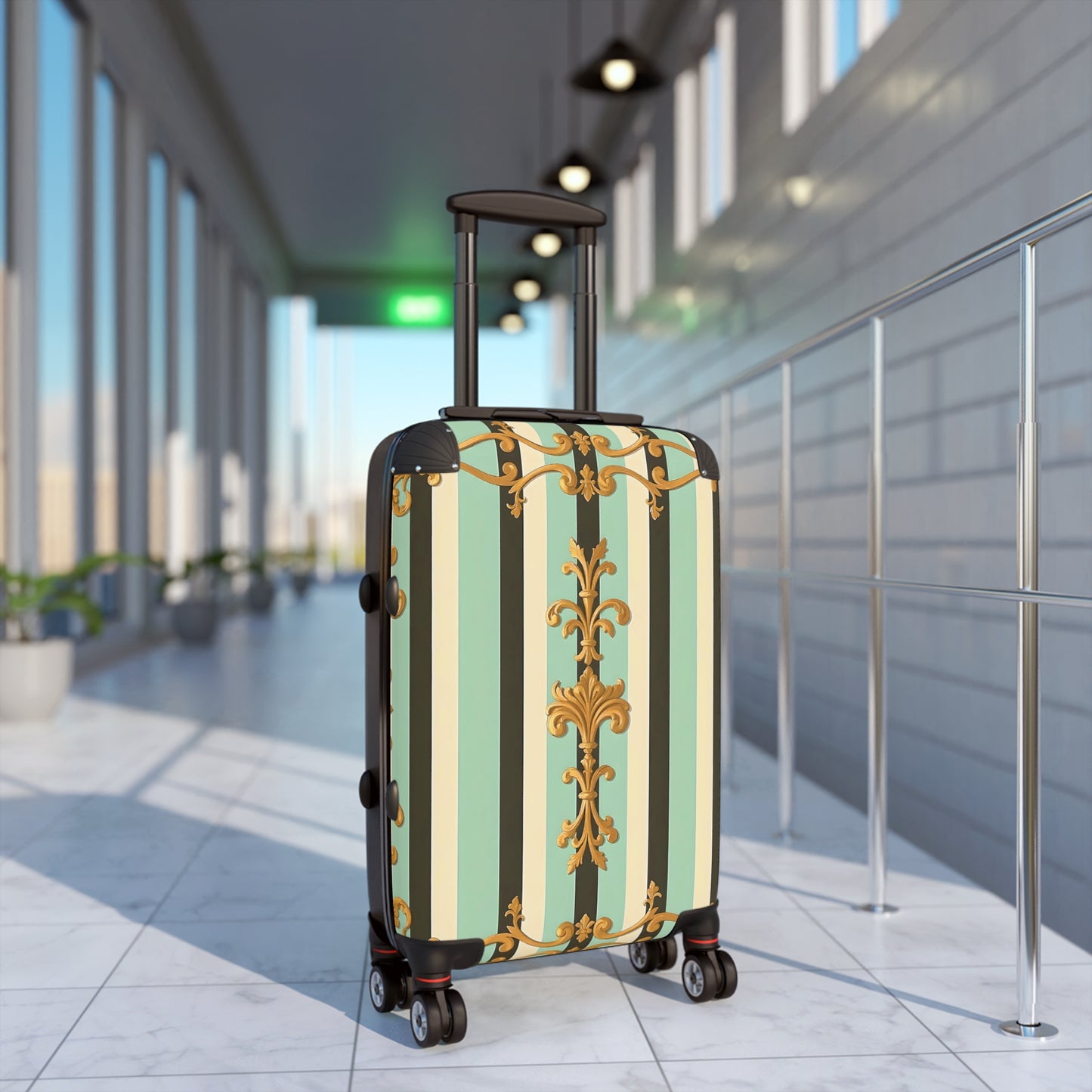 Elegant Striped Suitcase, Stylish Travel Luggage, Unique Carry-On, Trendy Vacation Bag - Black & Matte Mint Striped Rococo