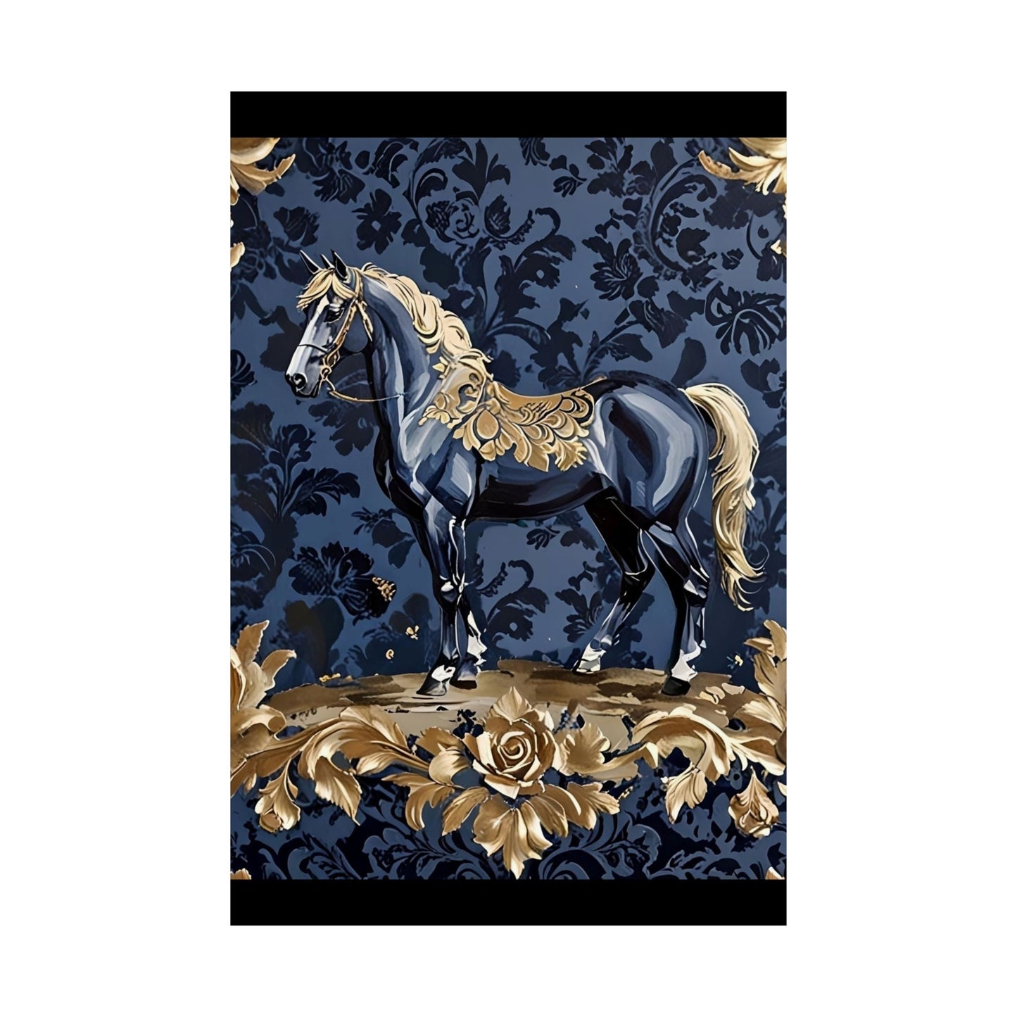 Floral Motif Art Poster - Elegant Matte Vertical Wall Decor - Midnight Blue & Gold Damask Horse