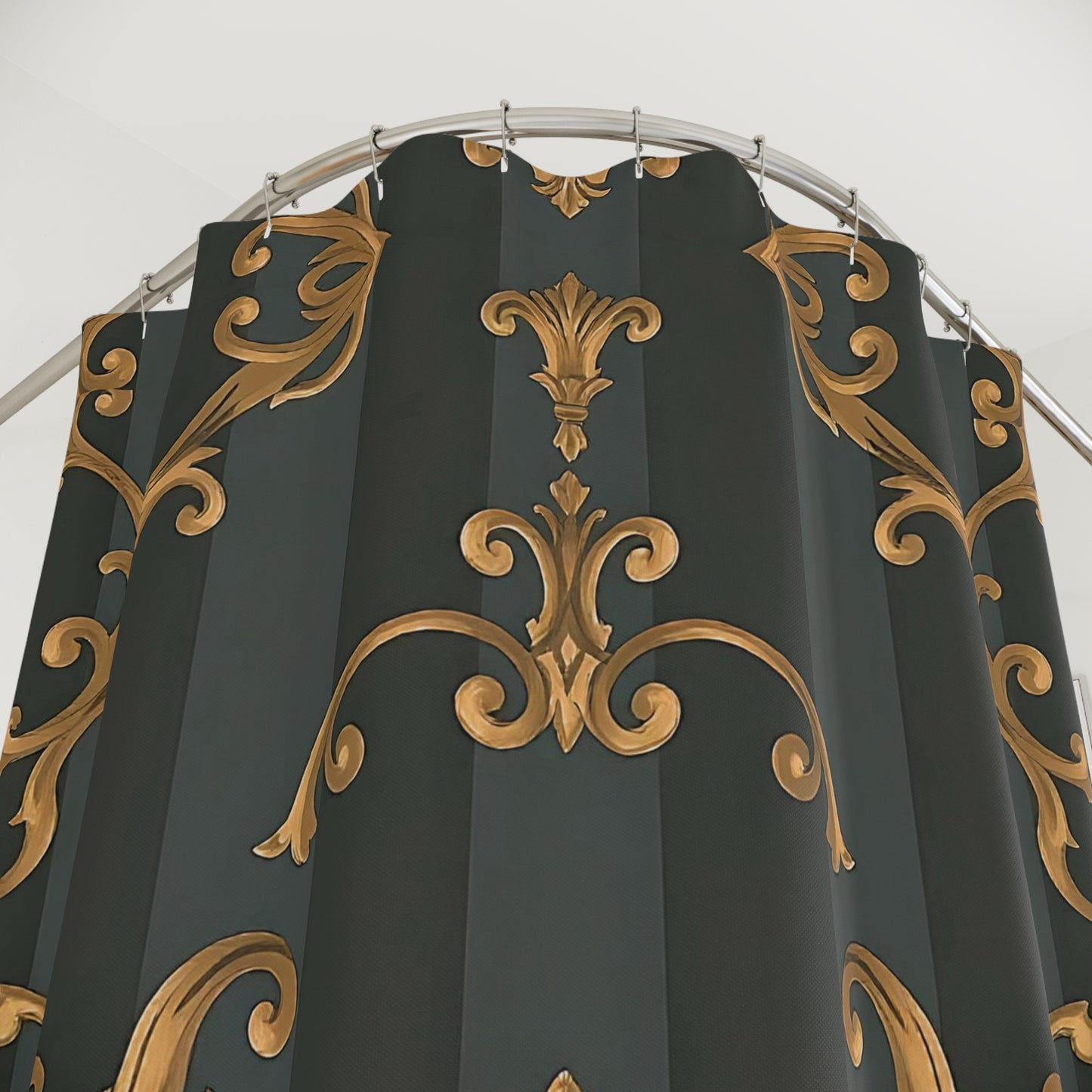 Elegant Vintage Shower Curtain - Luxurious Gold and Dark Design for Stylish Bathrooms - Gray Striped Baroque