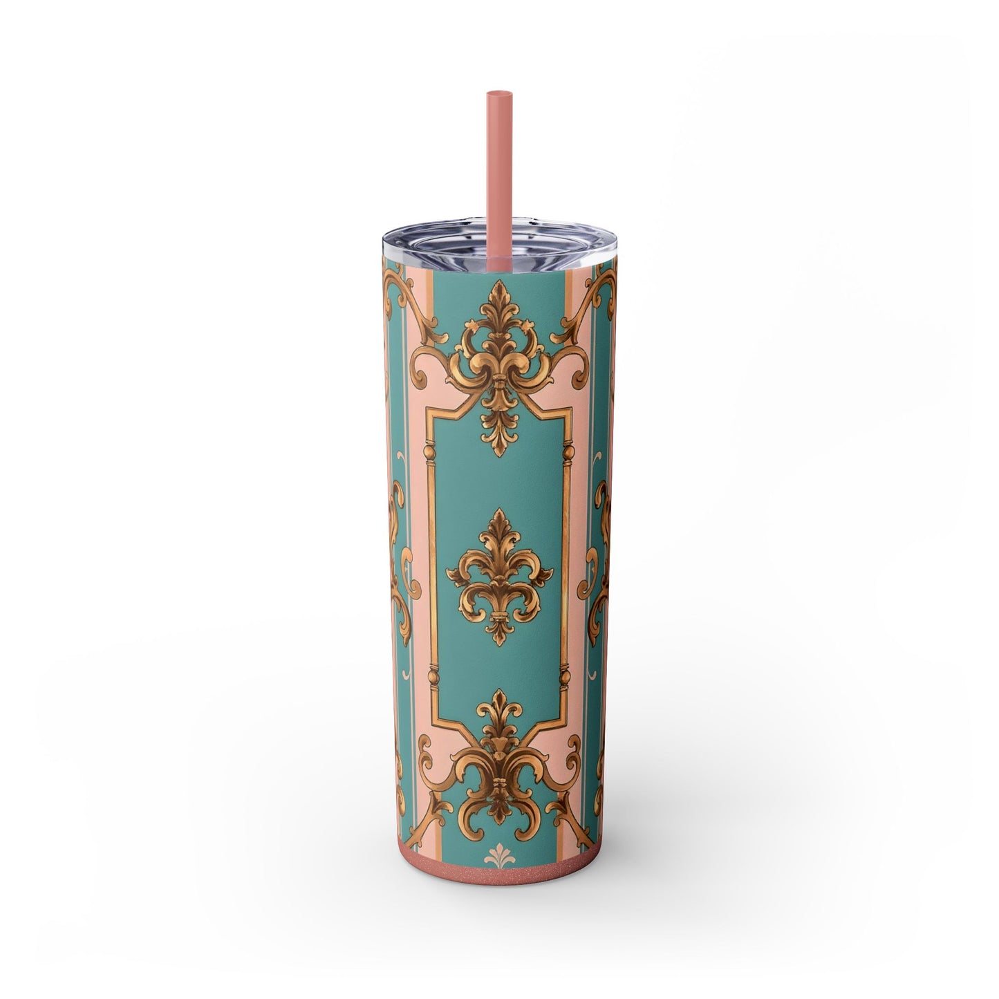 Elegant Floral Skinny Tumbler, 20oz Travel Mug, Stylish Drinkware, Perfect Gift for Her, Vintage Inspired - Pink & Matte Turquoise Striped Rococo