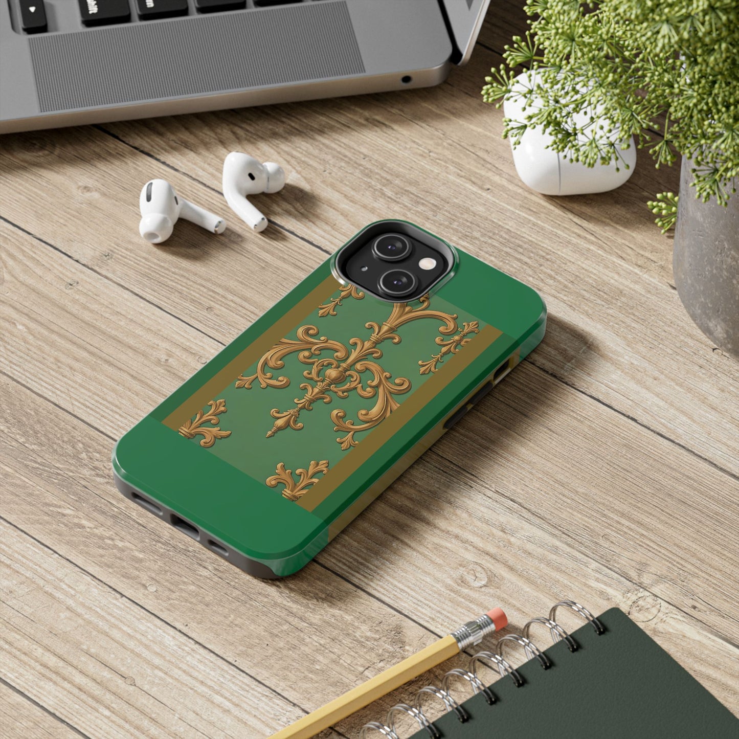 Elegant Floral Tough Phone Case, Durable Phone Cover, Gifts for Her, Stylish Protection, Chic Phone Accessory - Olive Green Striped Rococo