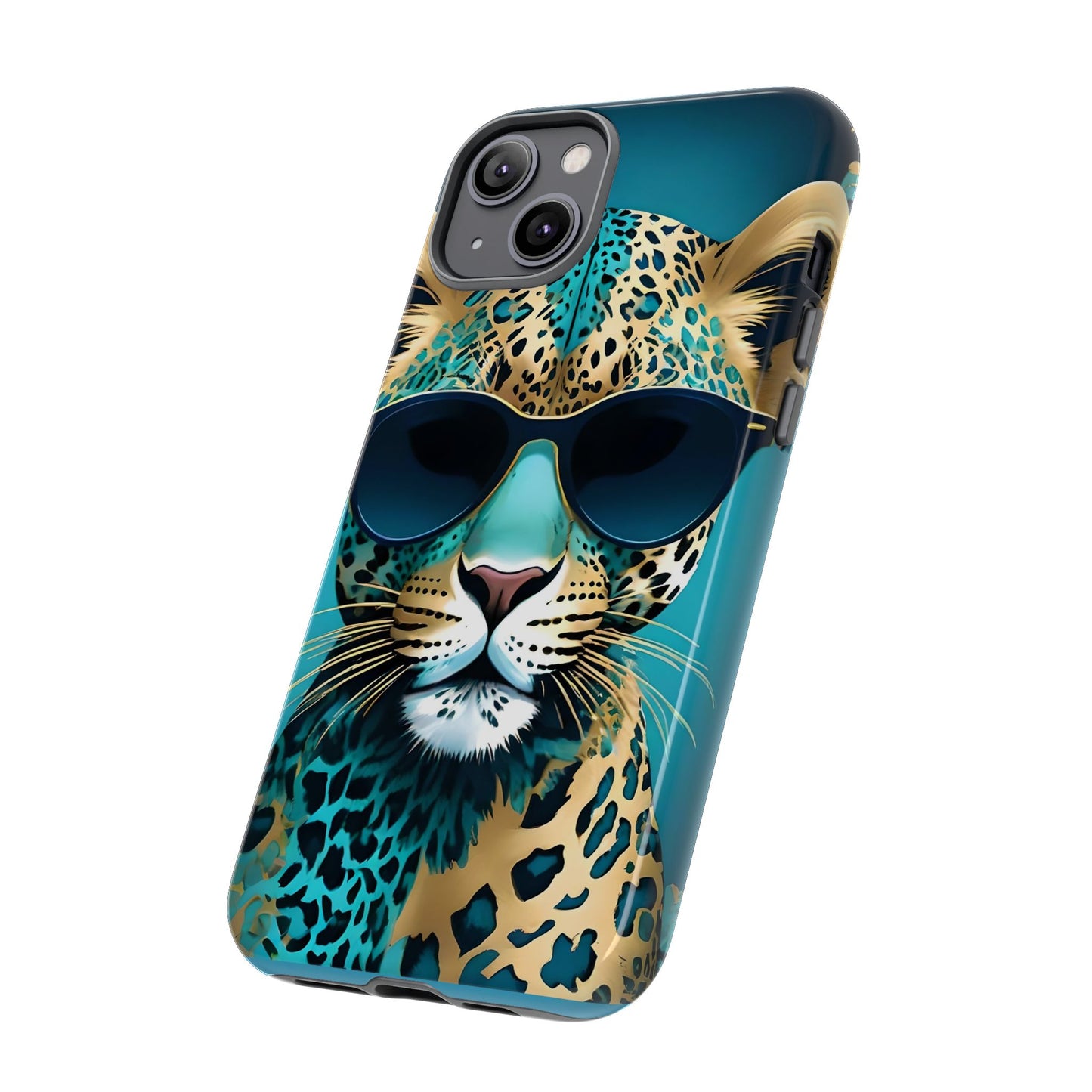 Phone Case - Aqua & Gold Leopard In Sunglasses Design