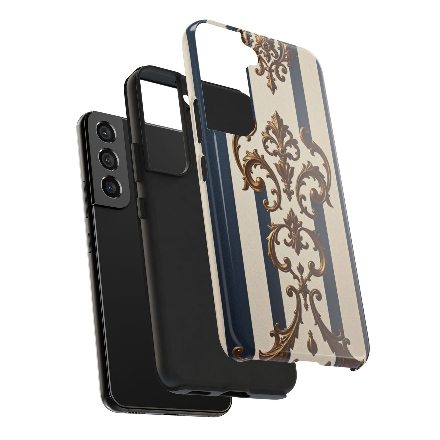 Damask Tough Phone Case - Alabaster & Blue Striped Damask