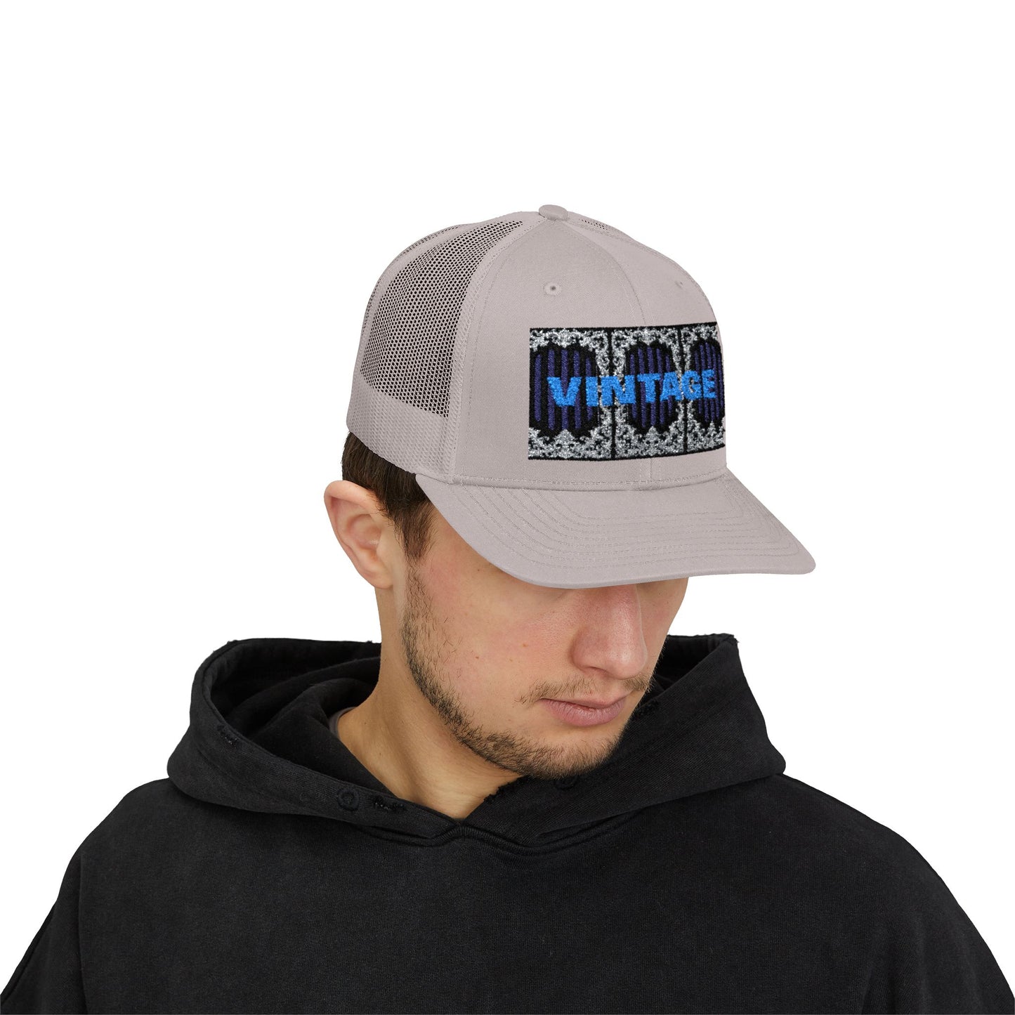 Vintage Navy Stripes & Baroque Trucker Cap — Retro 'VINTAGE' Embroidered Snapback