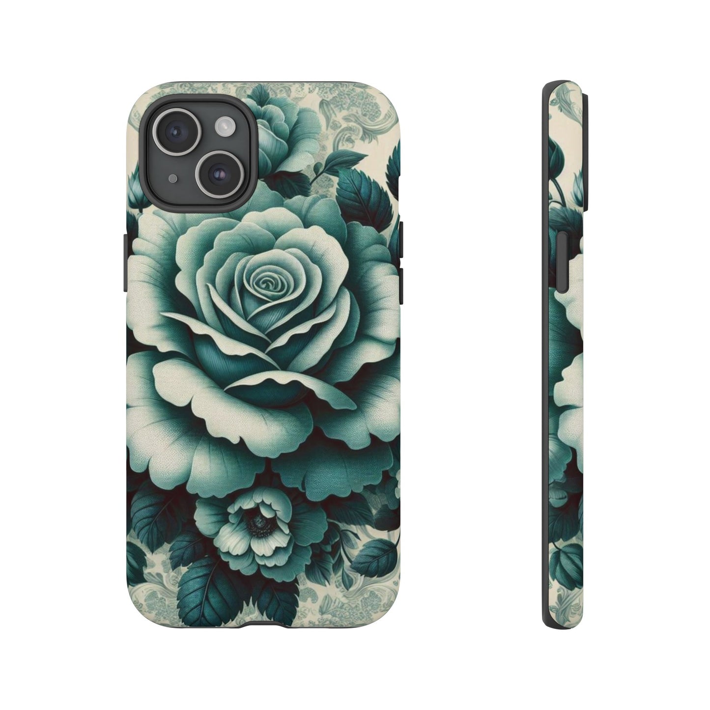 Elegant Floral Motif Phone Case - Tough Cases with Vintage Design - Teal Roses & Damask