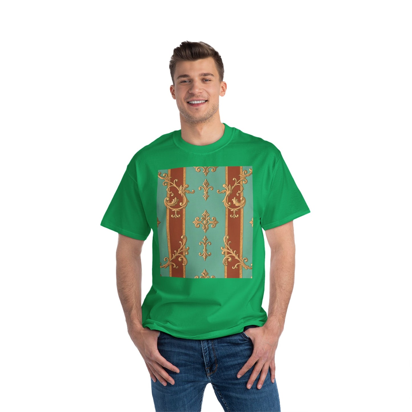 Elegant Vintage Patterned T-Shirt | Vintage Style Tee, Casual Wear, Retro Aesthetic - Rust & Mint Aqua Striped Baroque