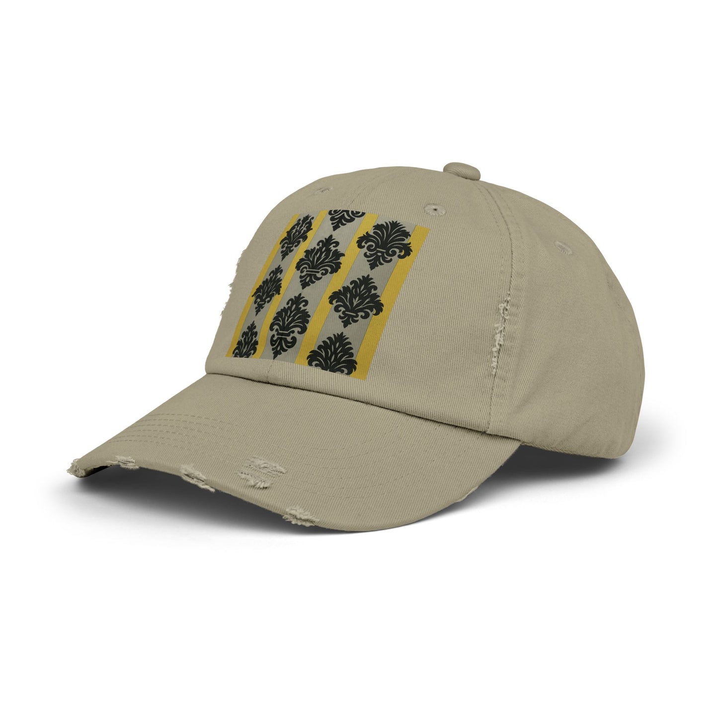 Stylish Distressed Cap, Trendy Black Hat for Fashion Lovers, Unisex Casual Accessory, Perfect Gift for Birthdays - Silver & Gold Striped Black Baroque
