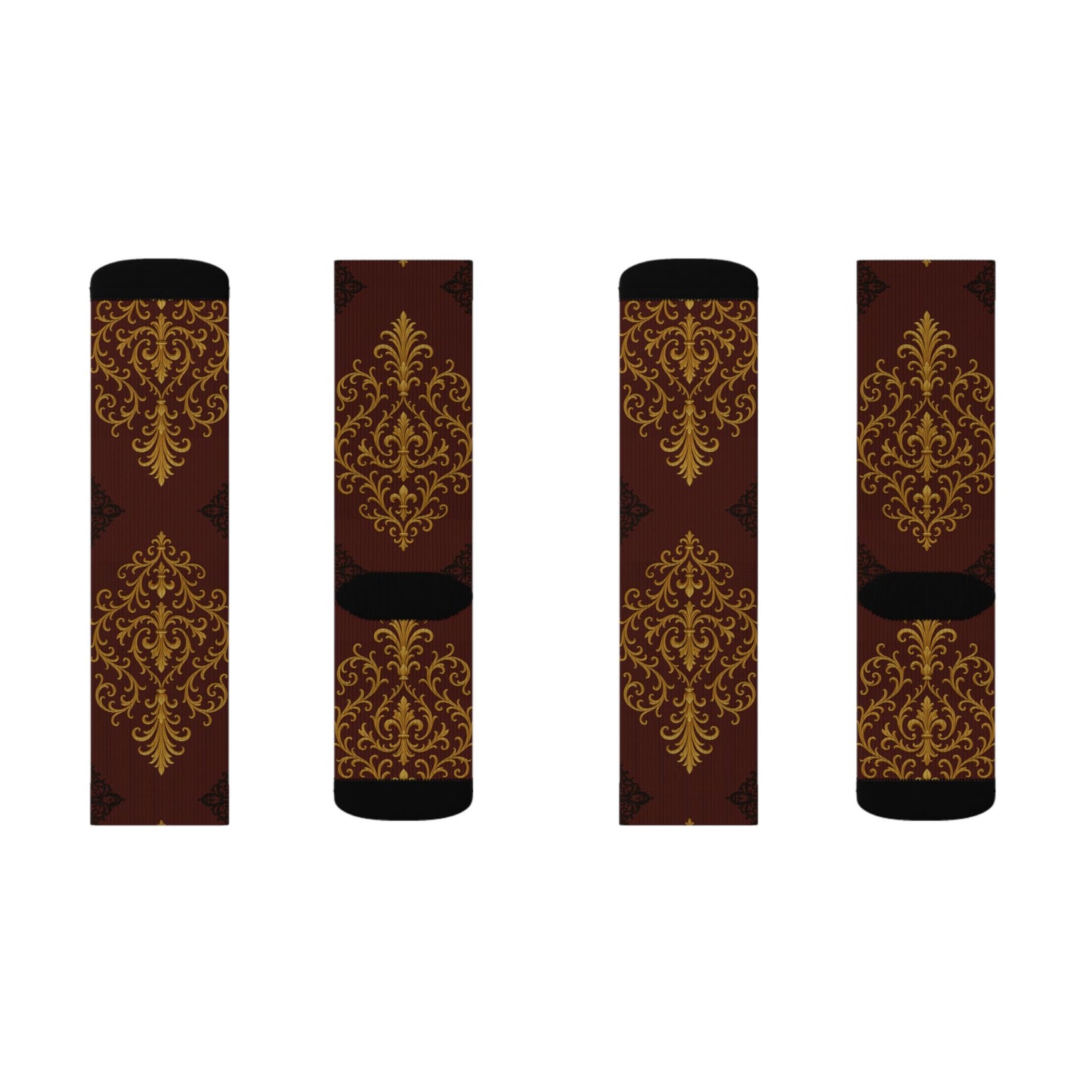 Dusk Burgundy-Black & Gold Baroque Sublimation Socks — Vintage Baroque Patterned Crew Socks