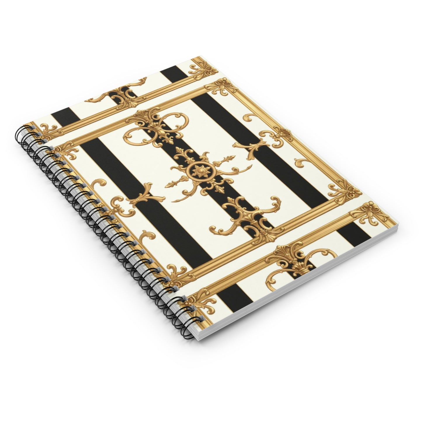 Elegant Gold & Black Spiral Notebook - Ruled Lines, Journaling, School Supplies, Writing, Gift for Students - Black & White Striped Gold Baroque