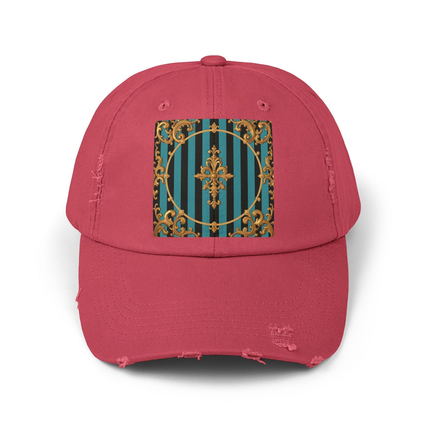 Turquoise & Black Striped Gold Baroque Distressed Cap with Elegant Design, Fashion Accessory for Everyday Wear, Perfect for Festivals, Gifts