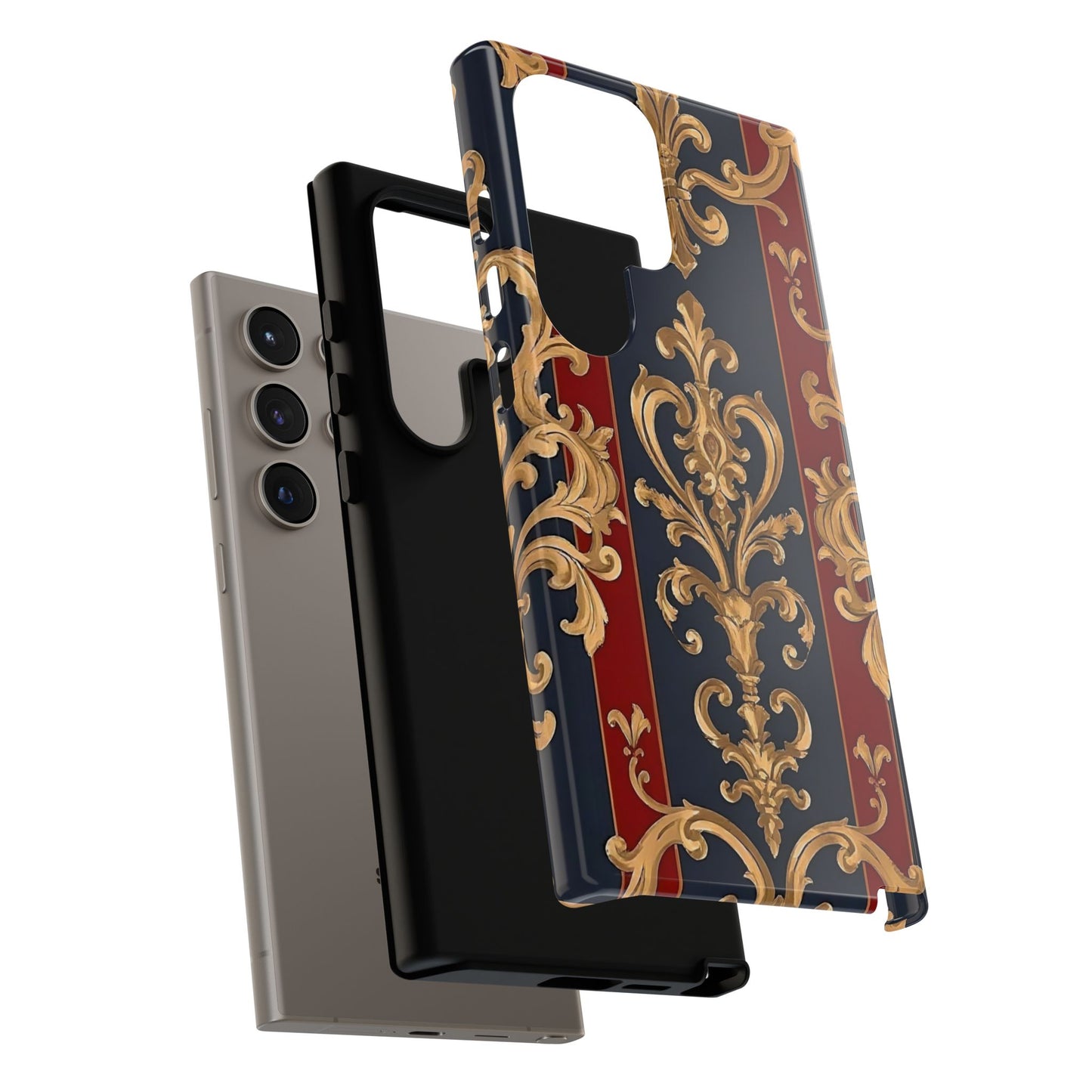 Elegant Floral Motif Phone Case - Tough Cases with Vintage Design - Midnight Blue & Dusk Red Striped Gold Damask