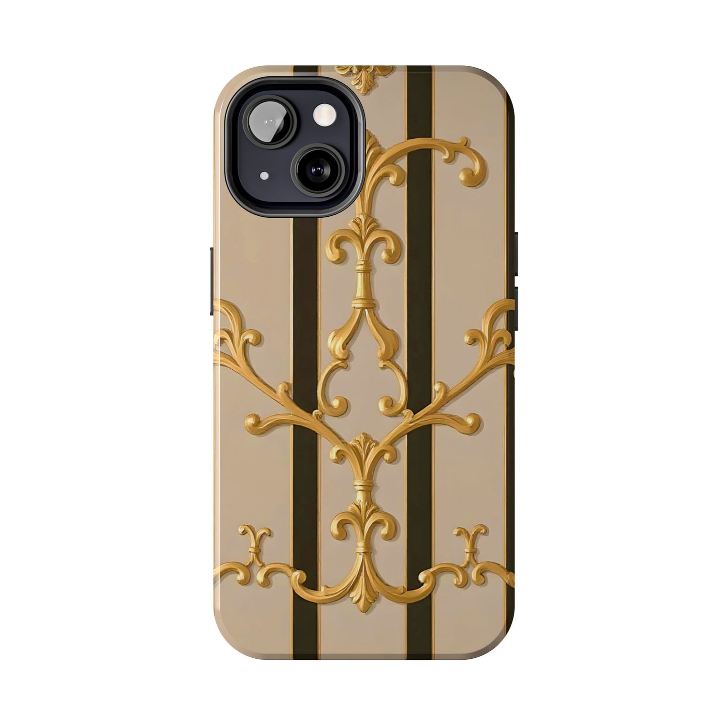 Elegant Vintage Tough Phone Case, Stylish Phone Cover, Boho Accessories, Perfect Gift for Her - Beige Striped Gold Rococo
