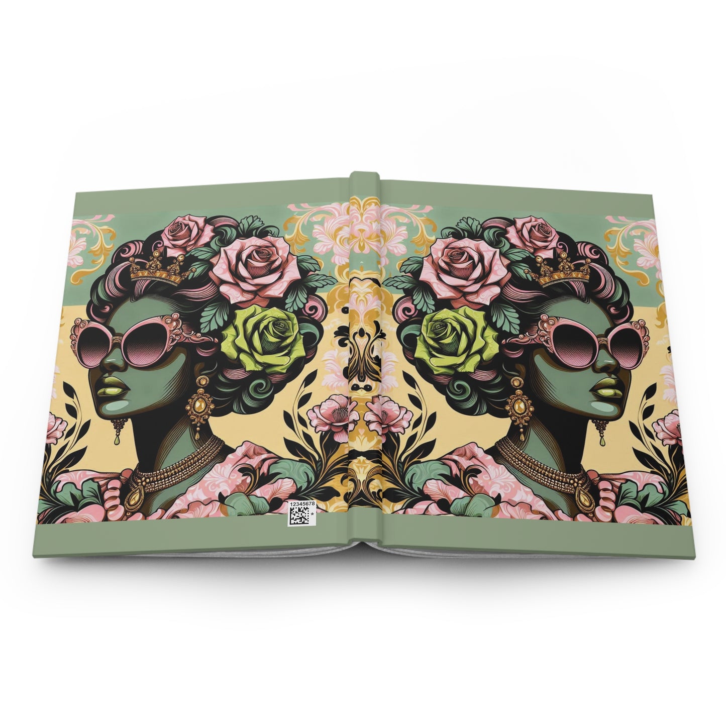 Elegant Floral Hardcover Journal - Stylish Writing Notebook - Mint Green Lady With Damask & Roses Design