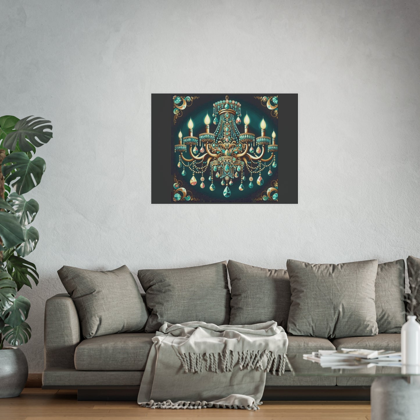 Elegant Chandelier Poster - Luxurious Wall Art for Home Décor - Teal Jeweled Chandelier