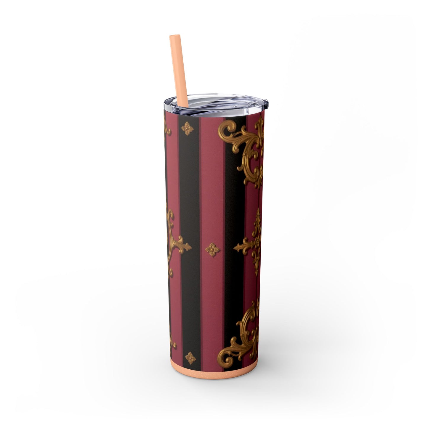 Elegant Black & Mauve Striped Gold Baroque Striped Skinny Tumbler with Straw, 20oz | Vintage Gold Accent Drinkware, Wedding Gift, Party Favor, Travel Mug