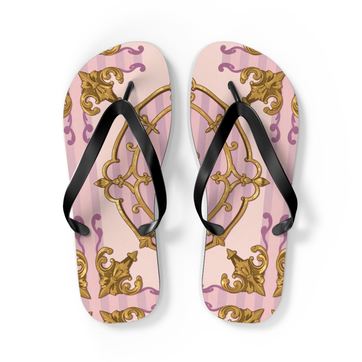 Elegant Lavender & Alabaster Striped Gold Baroque Flip Flops - Perfect for Summer Days, Beach Trips, Pool Parties, Vacation, and Relaxing at Home