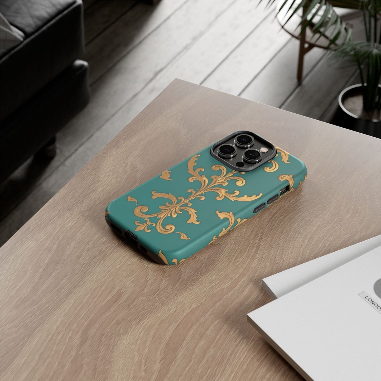 Elegant Floral Motif Phone Case - Tough Cases with Vintage Design - Aqua & Gold Damask