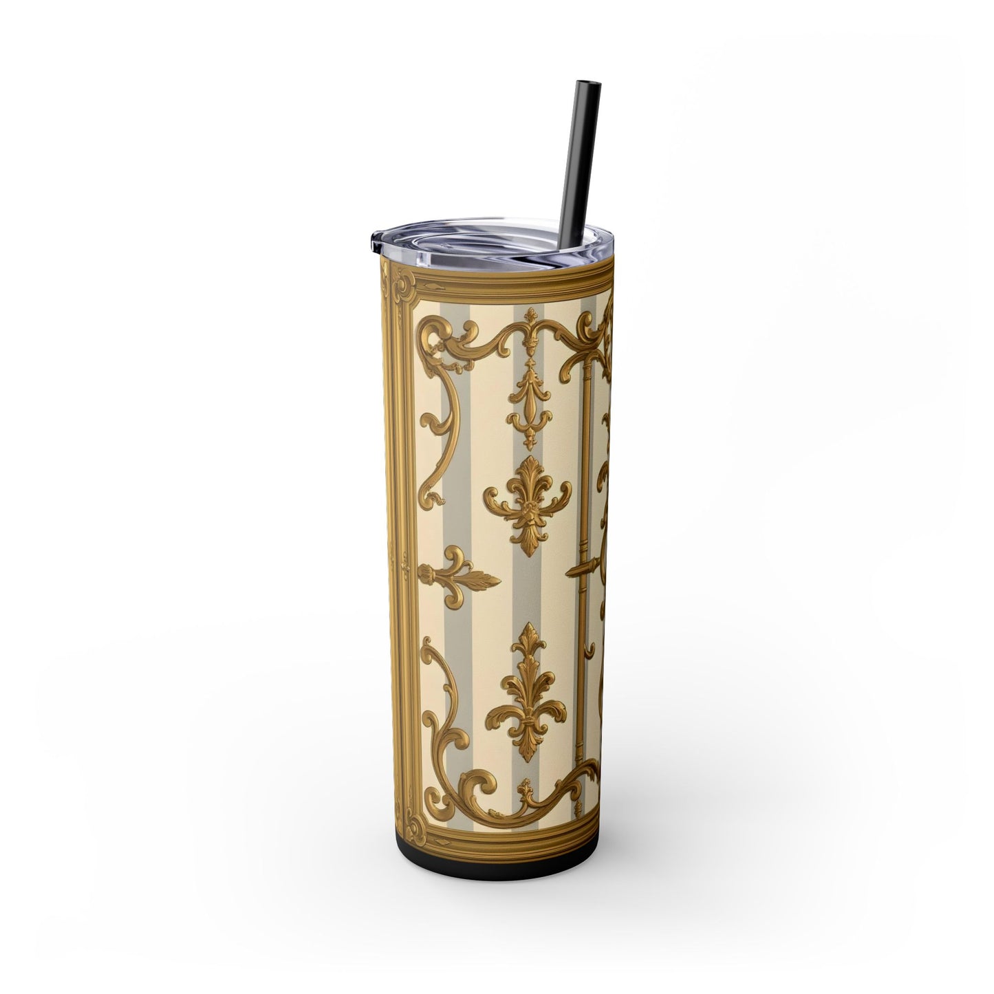 Elegant Vintage Skinny Tumbler with Straw, 20oz - Golden Baroque Design for Weddings, Parties - Matte Gray & Cream Striped Gold Baroque