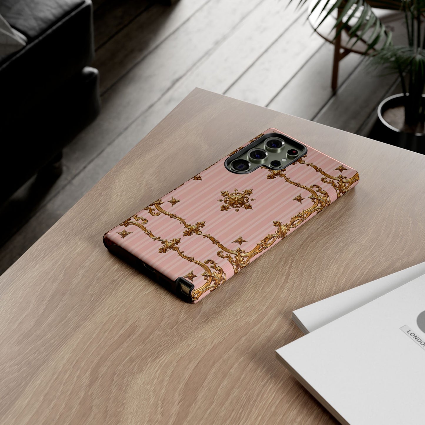 Elegant Floral Phone Case, Tough Cases for Women, Trendy Phone Cover, Chic Gift - Pink Striped Gold Baroque