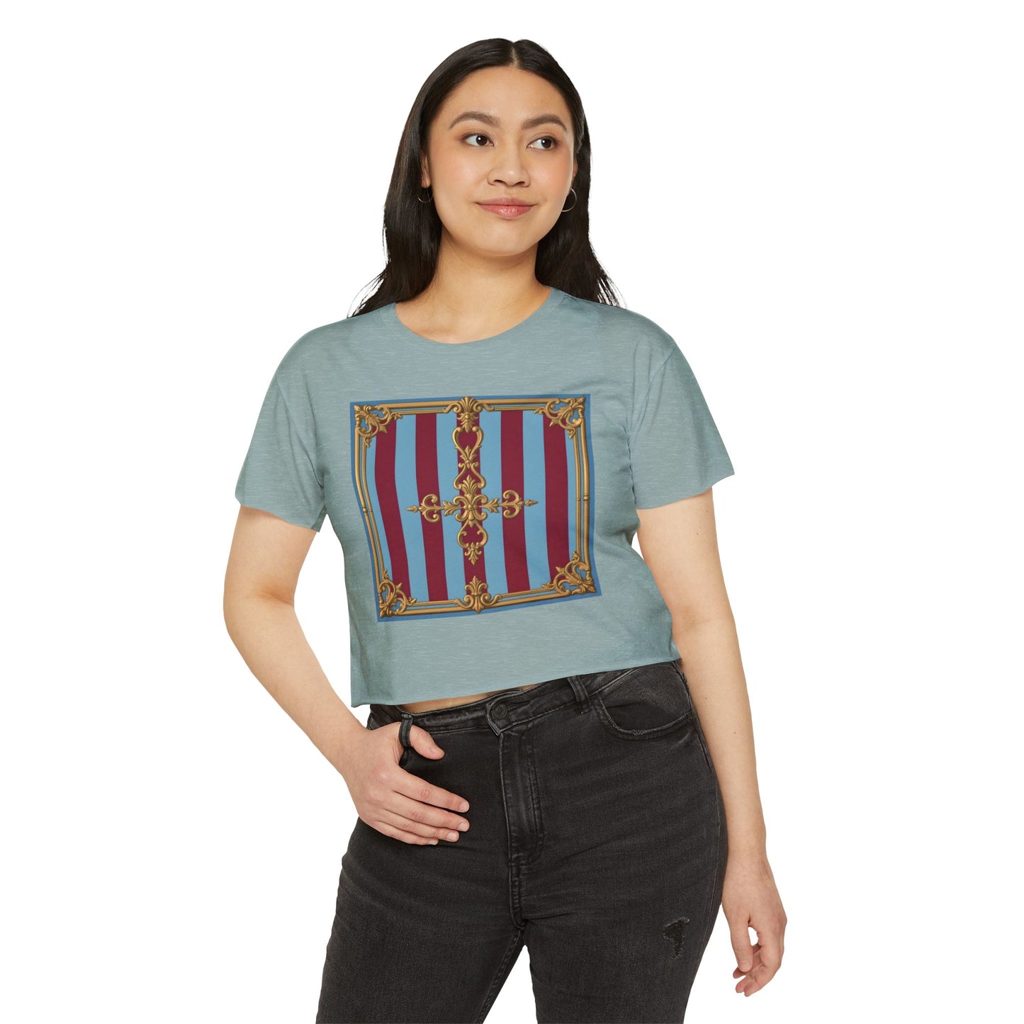 Women's Baroque Festival Crop Top, Summer Crop Tee, Casual Festival Wear, Concert Top, Eco-Friendly Fashion - Sky Blue & Maroon Striped Baroque