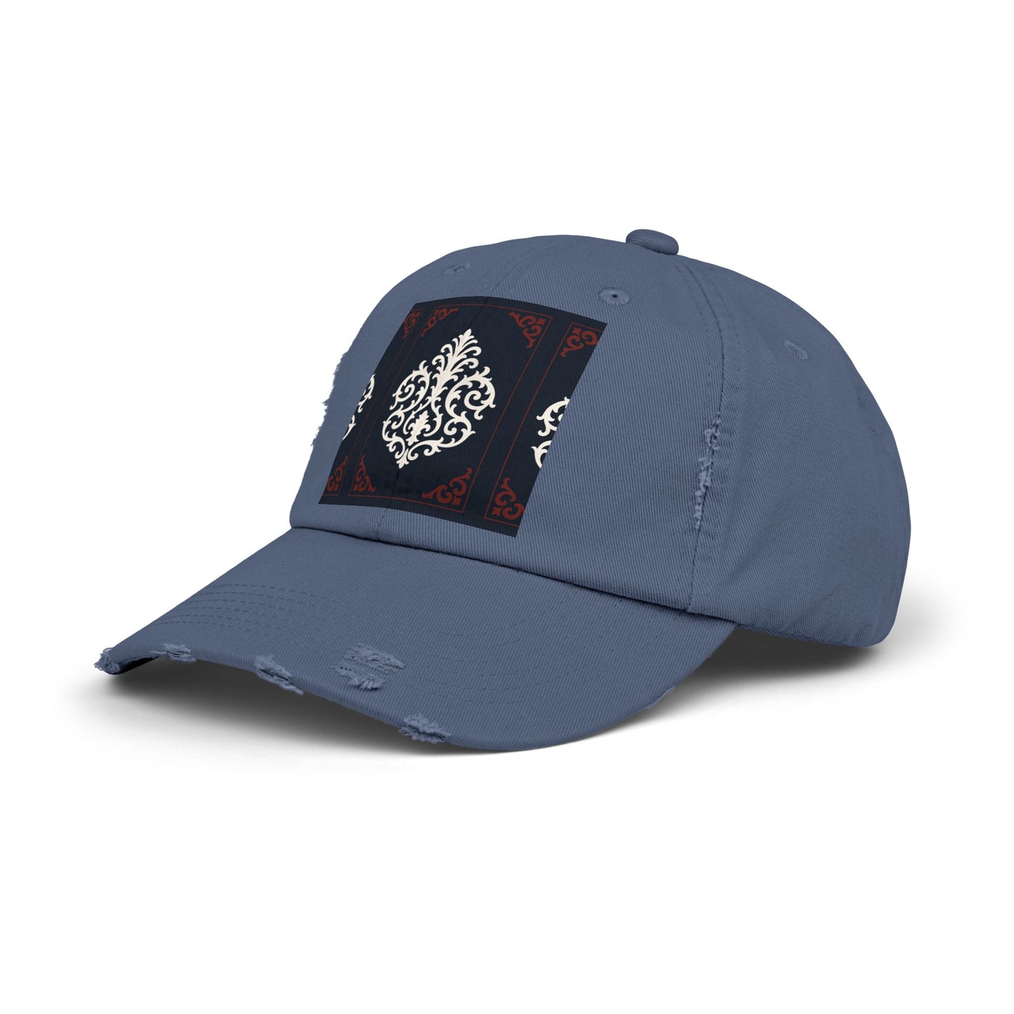 Dusk Blue & Maroon-White Baroque Distressed Cap with Ornamental Medallion Patch