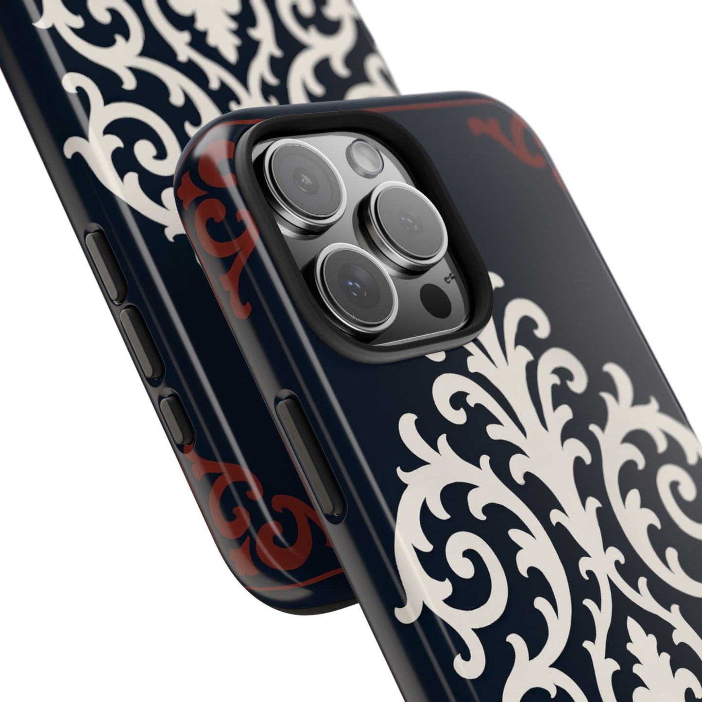 Dusk Blue-Maroon & White Baroque Tough Phone Case — Vintage Scroll Design
