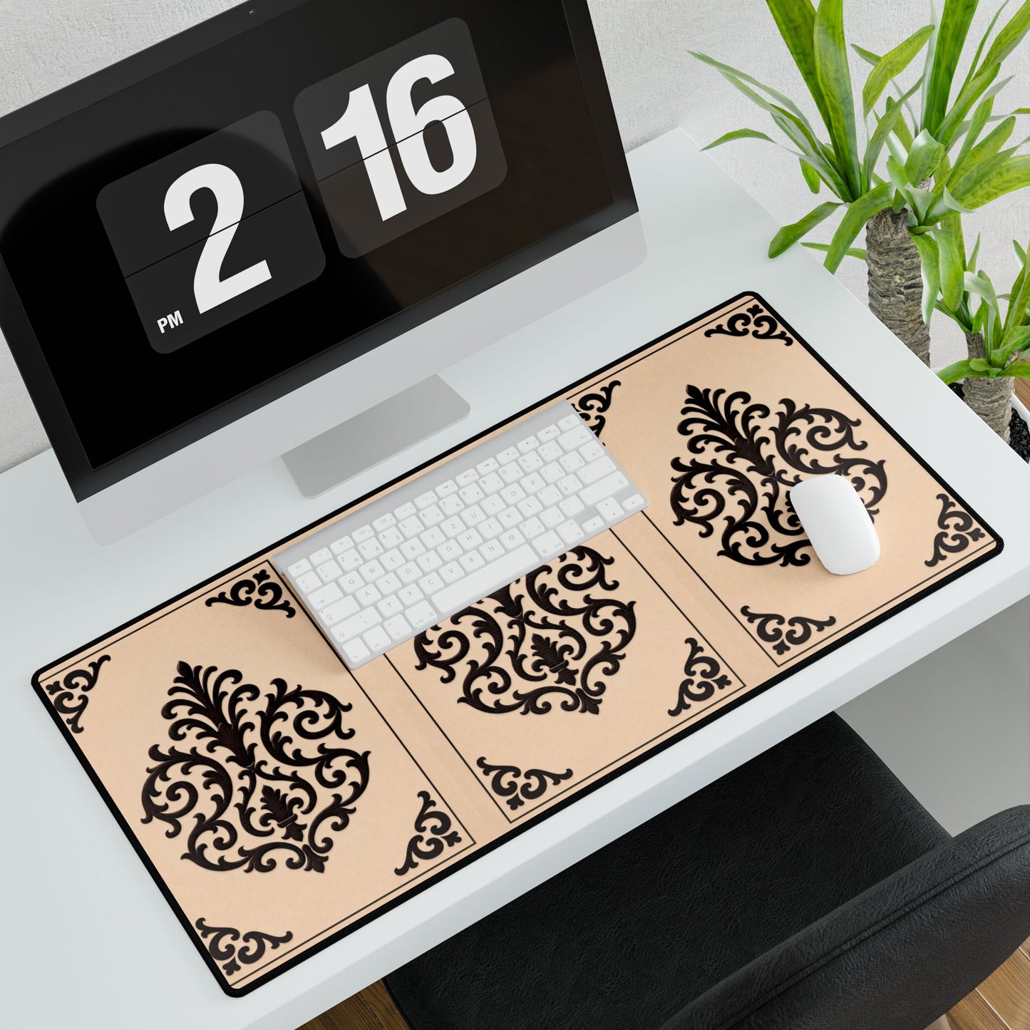 Almond-Beige & Brown Baroque Desk Mat – Elegant Beige & Brown Office Mousepad
