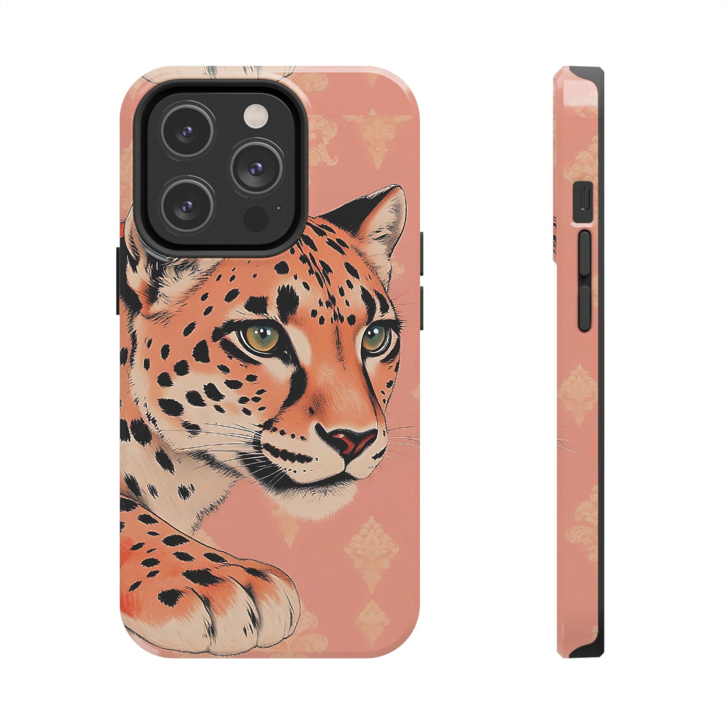 Leopard Tough Phone Case - Trendy Floral Motif Design for Animal Lovers - Peach Leopard & Damask