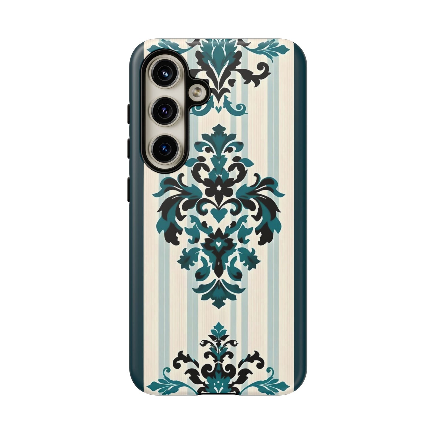 Elegant Floral Phone Case - Tough Cases with Vintage Design - Teal Striped Damask