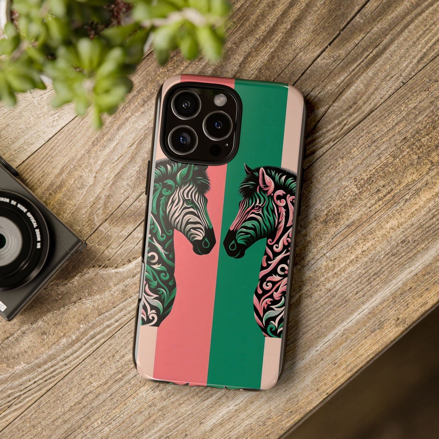 Phone Case - Elegant Pink & Green Zebra Damask Design