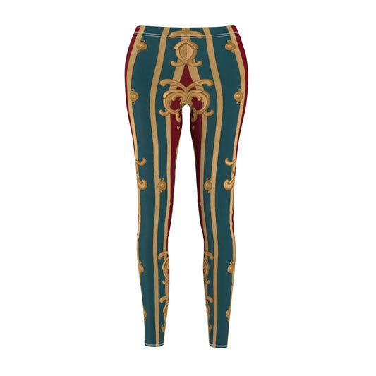Elegant Women's Leggings with Rich Patterns, Stylish Activewear, Vintage Inspired Leggings - Burgundy Striped Gold Baroque