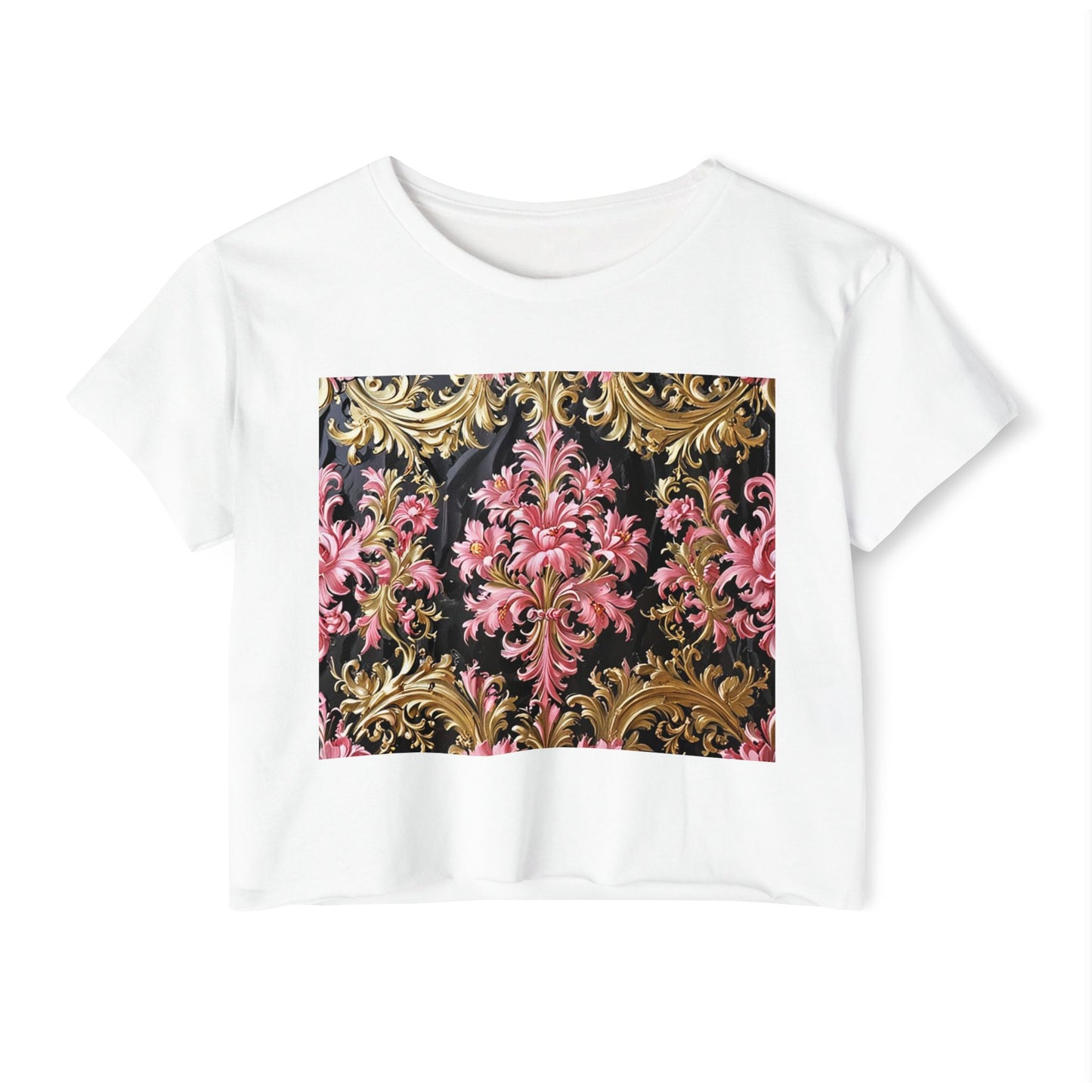 Festival-Ready Women's Crop Top, Boho Chic Tee, Summer Music Fest Shirt, Stylish Festival Wear - Black & Pink Oil Painting Style Rococo
