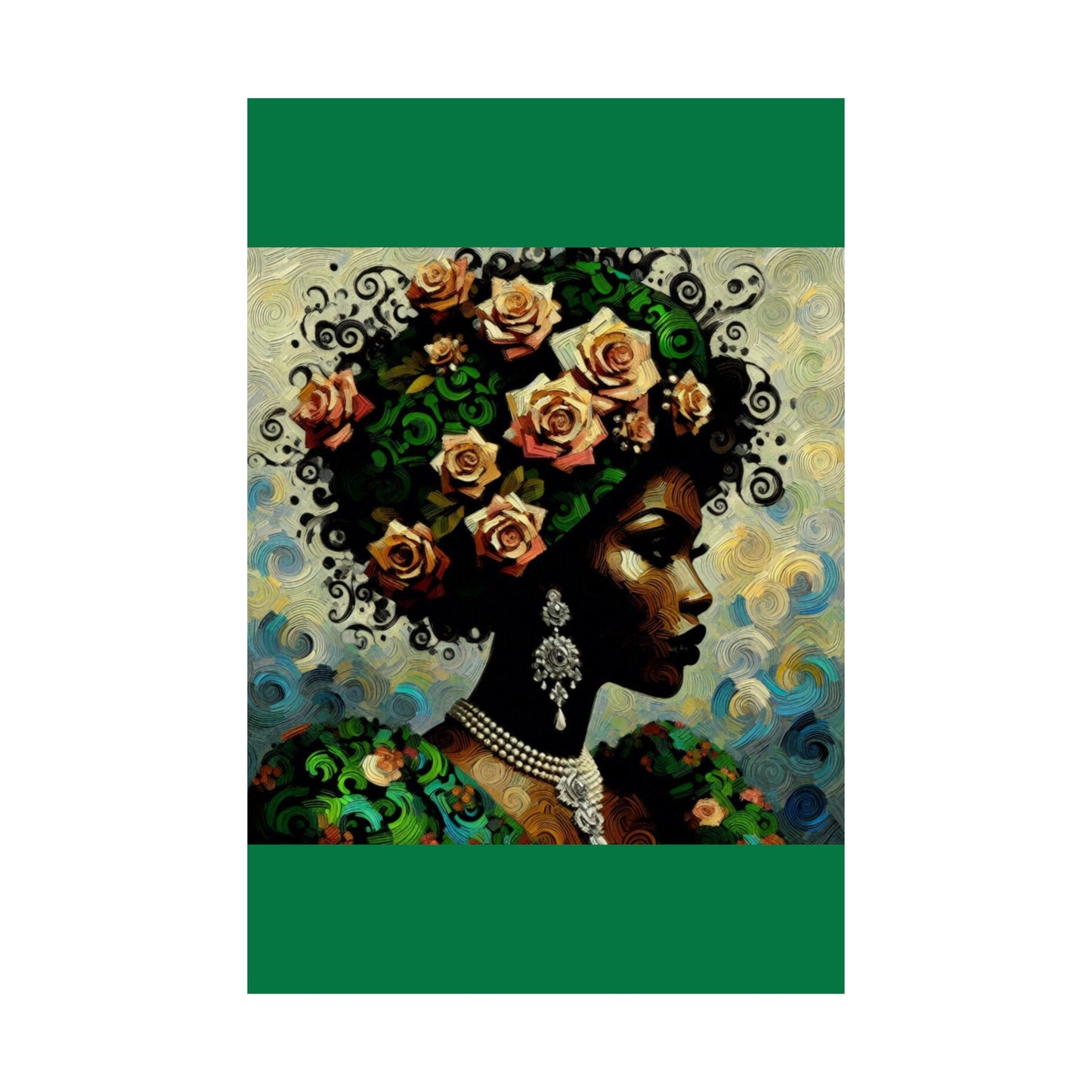 Floral Afro Art Poster - Elegant Matte Vertical Wall Decor - Lady In Green & Damask