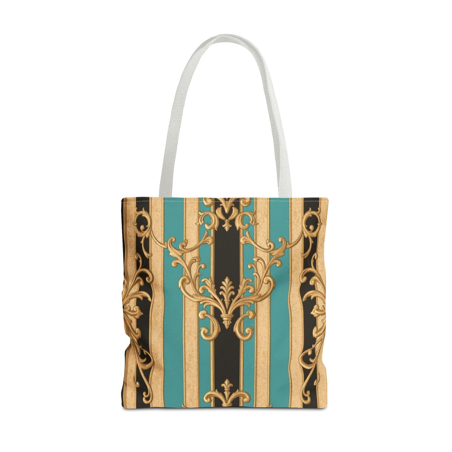 Elegant Black, Tan & Ocean Green Striped Gold Baroque Vintage Pattern Tote Bag, Stylish Carryall, Fashionable Handbag, Perfect Gift for Mother’s Day